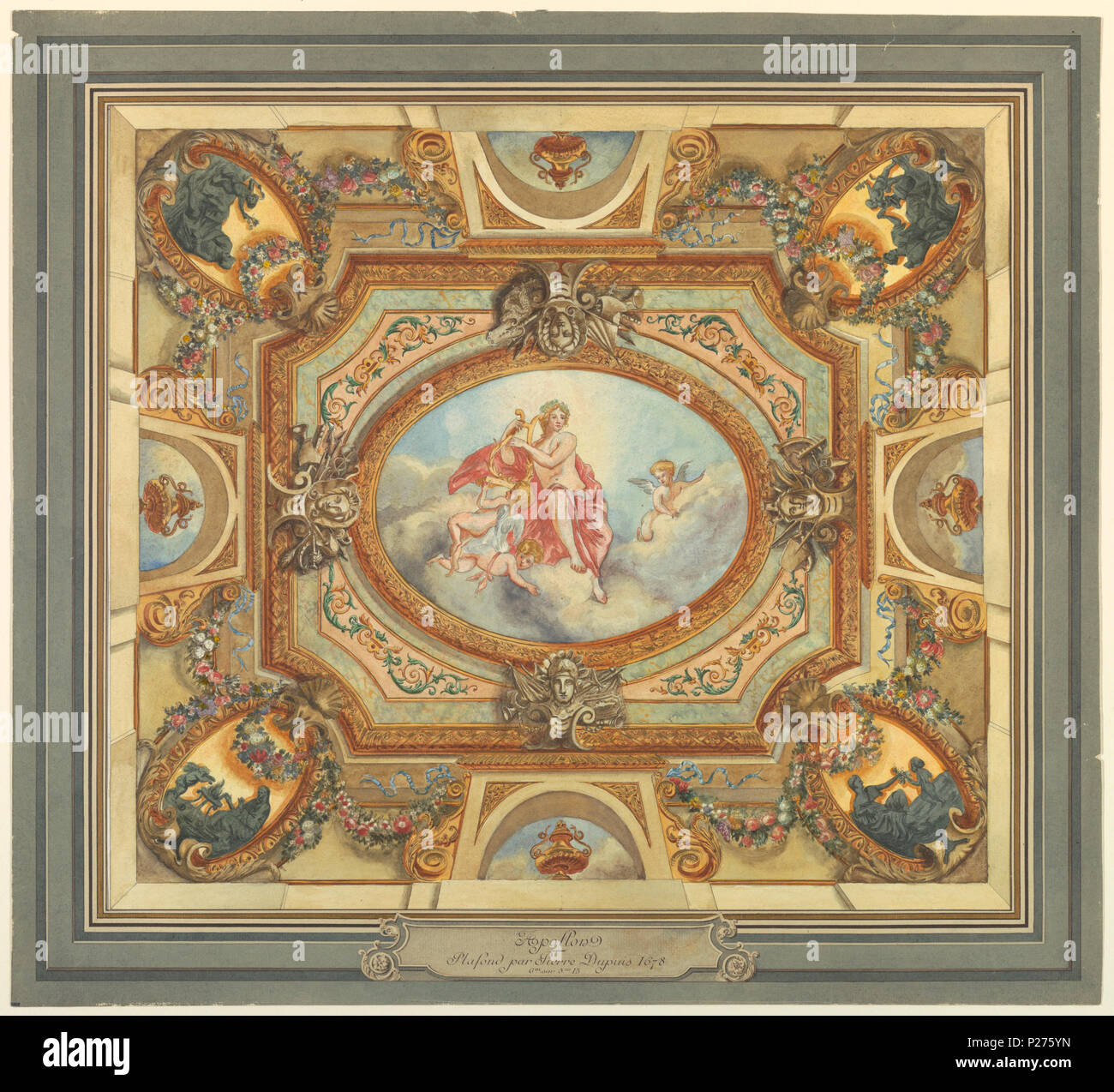 . Anglais : Dessin (France), ca. 1900 . Anglais : le rendu d'un plafond peint : Apollo personnifiant la poésie - rectangle horizontal - au centre, un médaillon ovale représentant Apollon assis sur un banc de nuages jouant de sa harpe et assisté par trois putti - le enframement se compose de quatre trophées de sujets militaires, des guirlandes de fleurs, des médaillons aux coins, et simulation d'ouvertures dans le ciel, qui se distinguent des urnes. . Vers 1900 88 Dessin (France), ca. 1900 (CH) 18172603 Banque D'Images