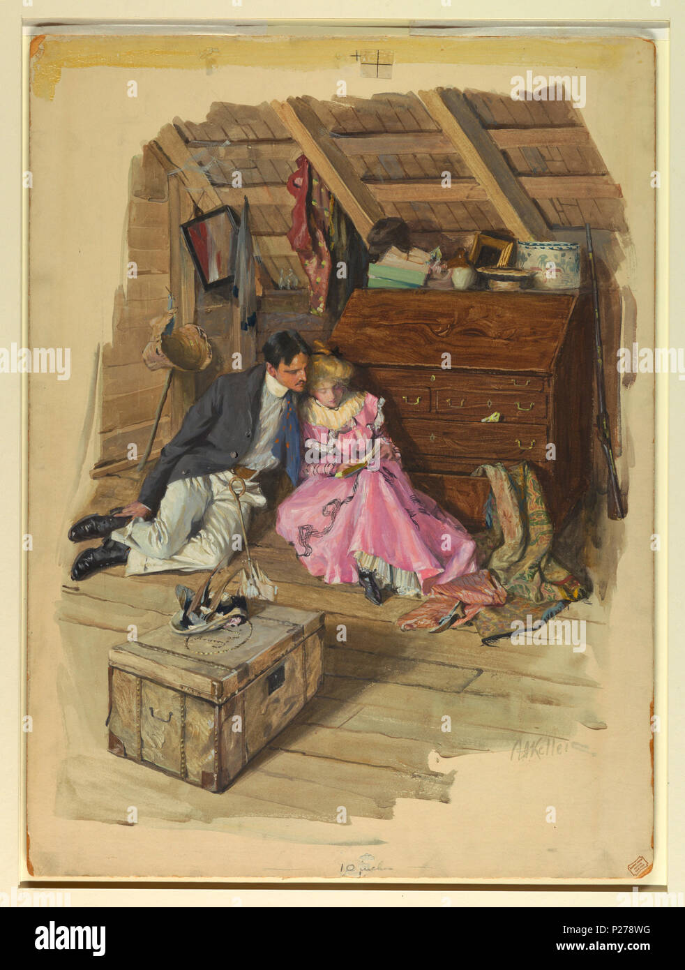. Anglais : Dessin, "Il est l'image de vous', ca. 1901 . Anglais : un jeune homme et une femme sont assis sur le plancher d'un grenier. L'homme regarde par-dessus son épaule à un livre sur ses genoux. . Vers 1901 98 Dessin, "Il est l'image de vous", ca. 1901 (CH) 18419769 Banque D'Images
