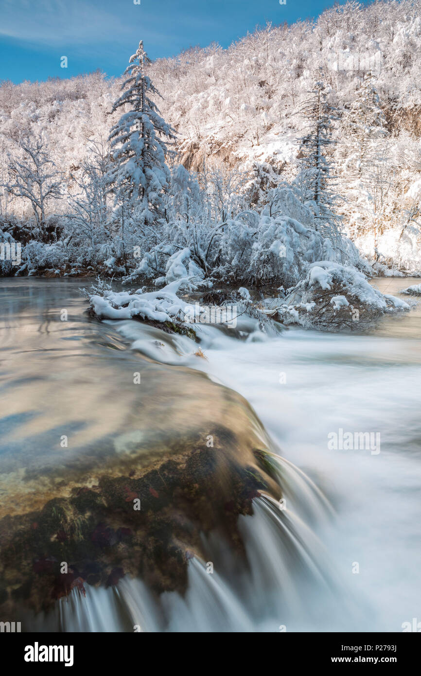 L'eau cristalline de Plitvice Lakes National Park en hiver, Plitvicka Jezera, et Lika Senj County, Croatie Banque D'Images