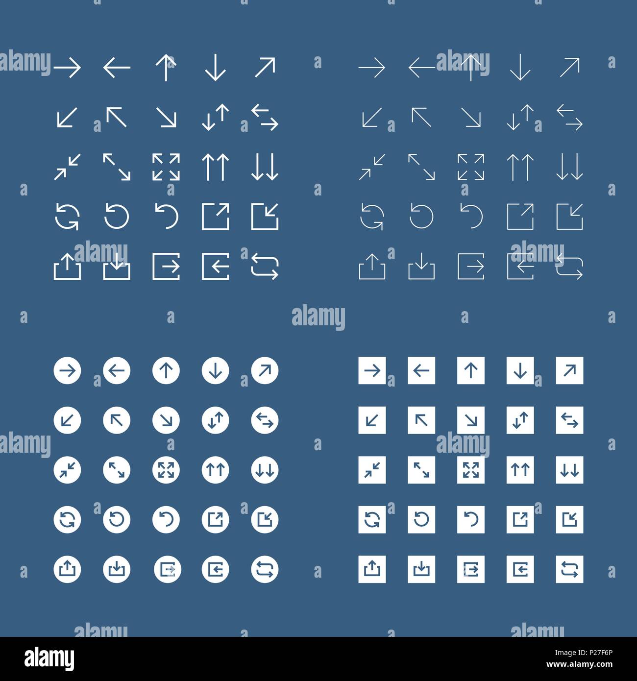 Ensemble de contours, simple, direct, rempli des flèches blanches pour l'interface utilisateur mobile et web design sur fond bleu Illustration de Vecteur