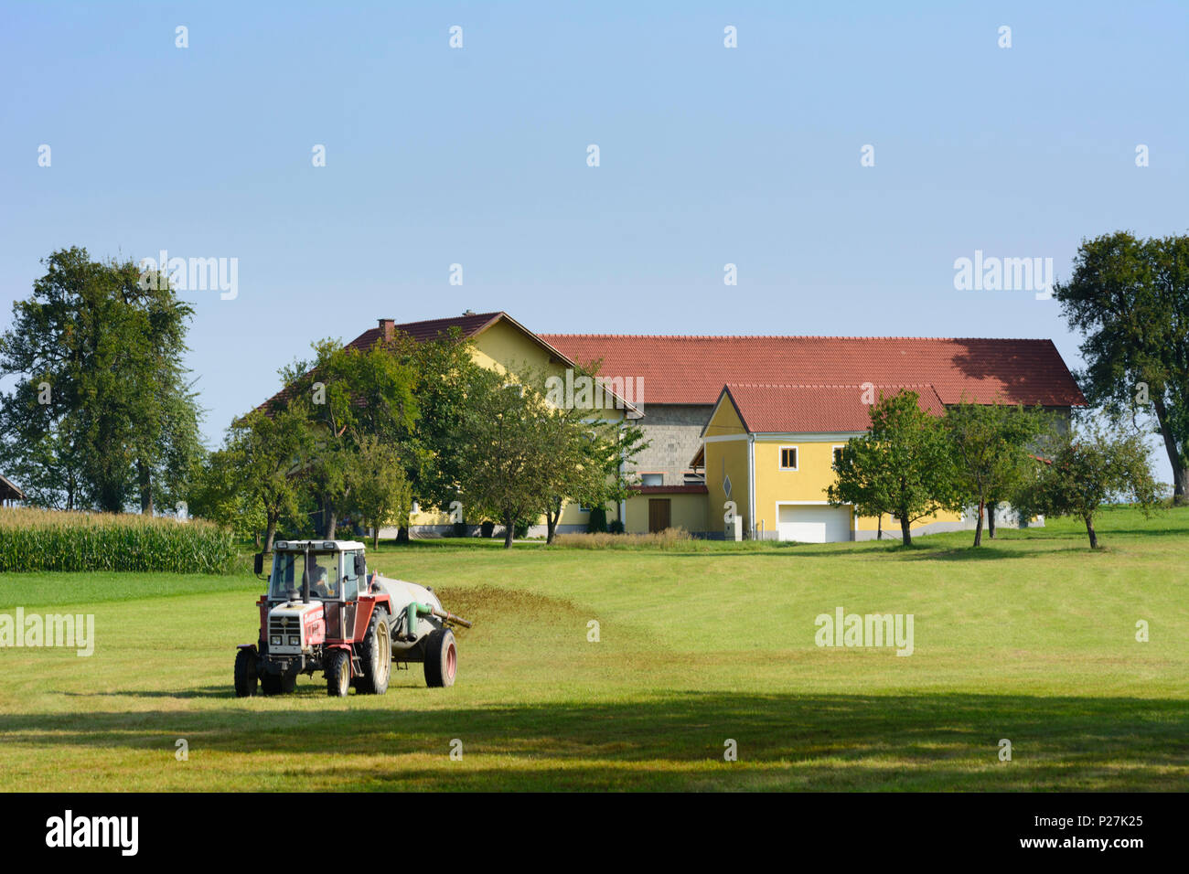 Kallham, tracteur bouillie, du fumier de ferme, terrain, région de l'Innviertel, Haute Autriche, Autriche Banque D'Images