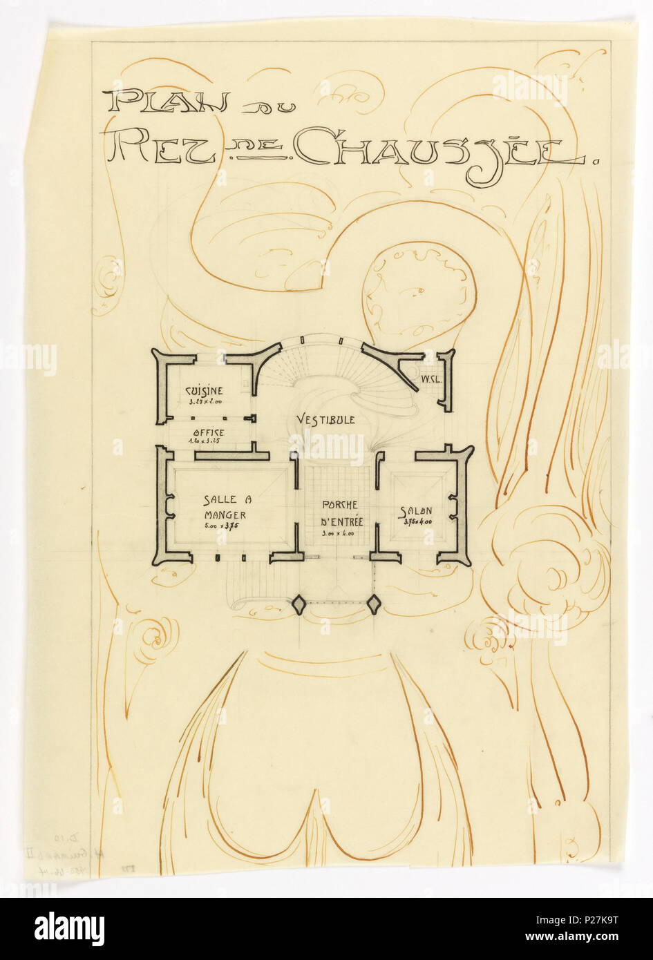 . Anglais : Dessin, Villa de M. Hemsy, Saint-Cloud, Plan du rez de Chaussee, 1913 . Anglais : Plan du rez-de-chaussée de la Villa de Monsieur Hempsy à Saint-Cloud. La fonction des chambres et a noté tout au long de l'échelle du dessin. Abstract floral design autour de plan d'étage. . 112 1913 Dessin, Villa de M. Hemsy, Saint-Cloud, Plan du rez de Chaussee, 1913 (CH) 18384897 Banque D'Images