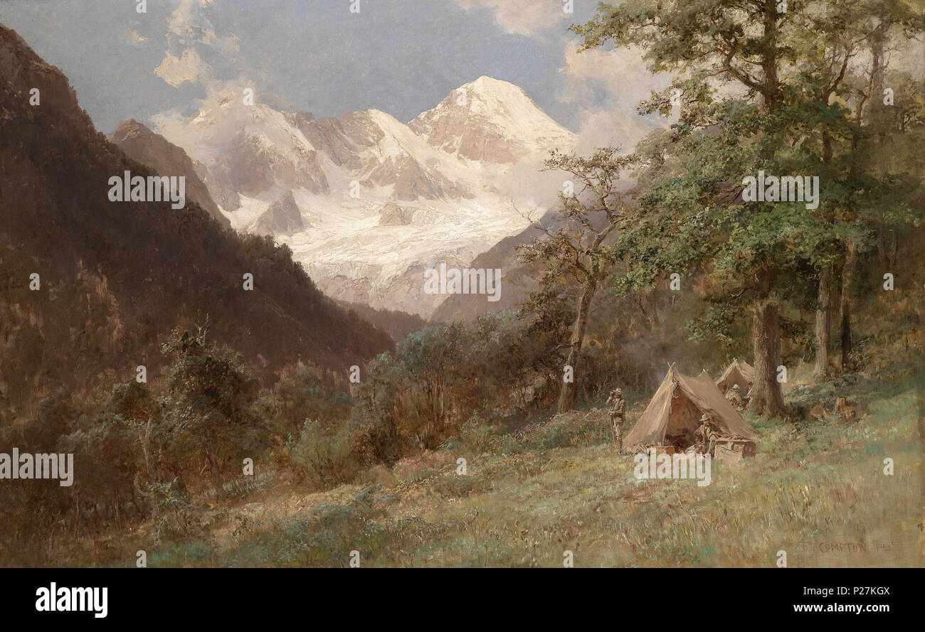 . Deutsch : Blick auf eine Bergkette im Kaukasus mit von Forschungsreisenden Zeltlager, signiert E. T. Compton pinxit, Öl auf Leinwand, 100 x 160 cm . en 1921. Edward Theodore Compton (1849-1921) Noms alternatifs E. T. Compton Description peintre, illustrateur et alpiniste Date de naissance/décès 29 Juillet 1849 / 27 juillet 1849 22 mars 1921 Lieu de naissance/décès Stoke Newington, Londres Feldafing, Bavière lieu de travail Londres, Darmstadt, München, Tirol, Kärnten, Italien, Feldafing, Schweiz (Berner Oberland), Österreich, Norwegen (Lofoten), Schottland (Hebriden), Spanien, Südameri Banque D'Images