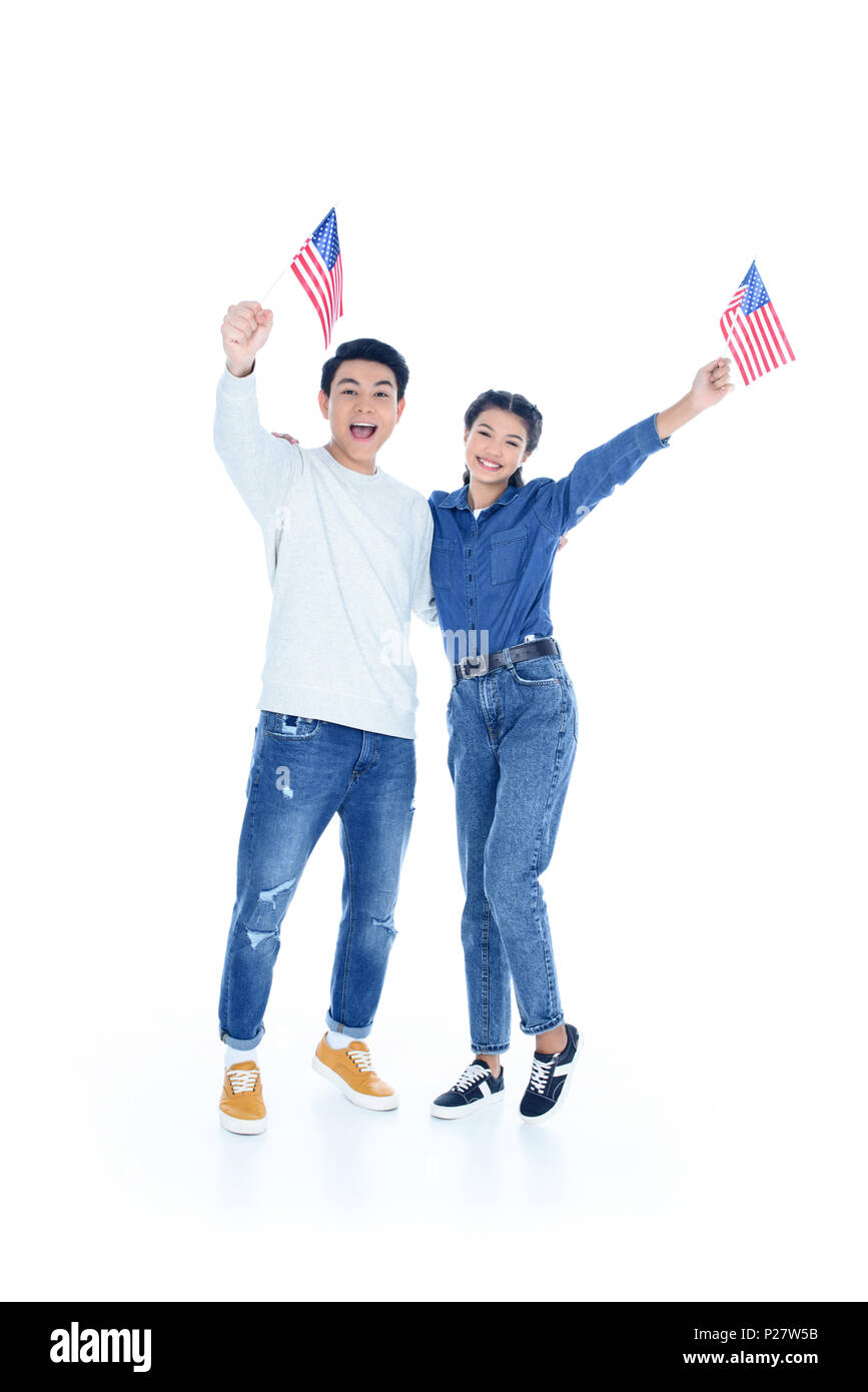 Étudiants adolescents avec usa flags isolated on white Banque D'Images