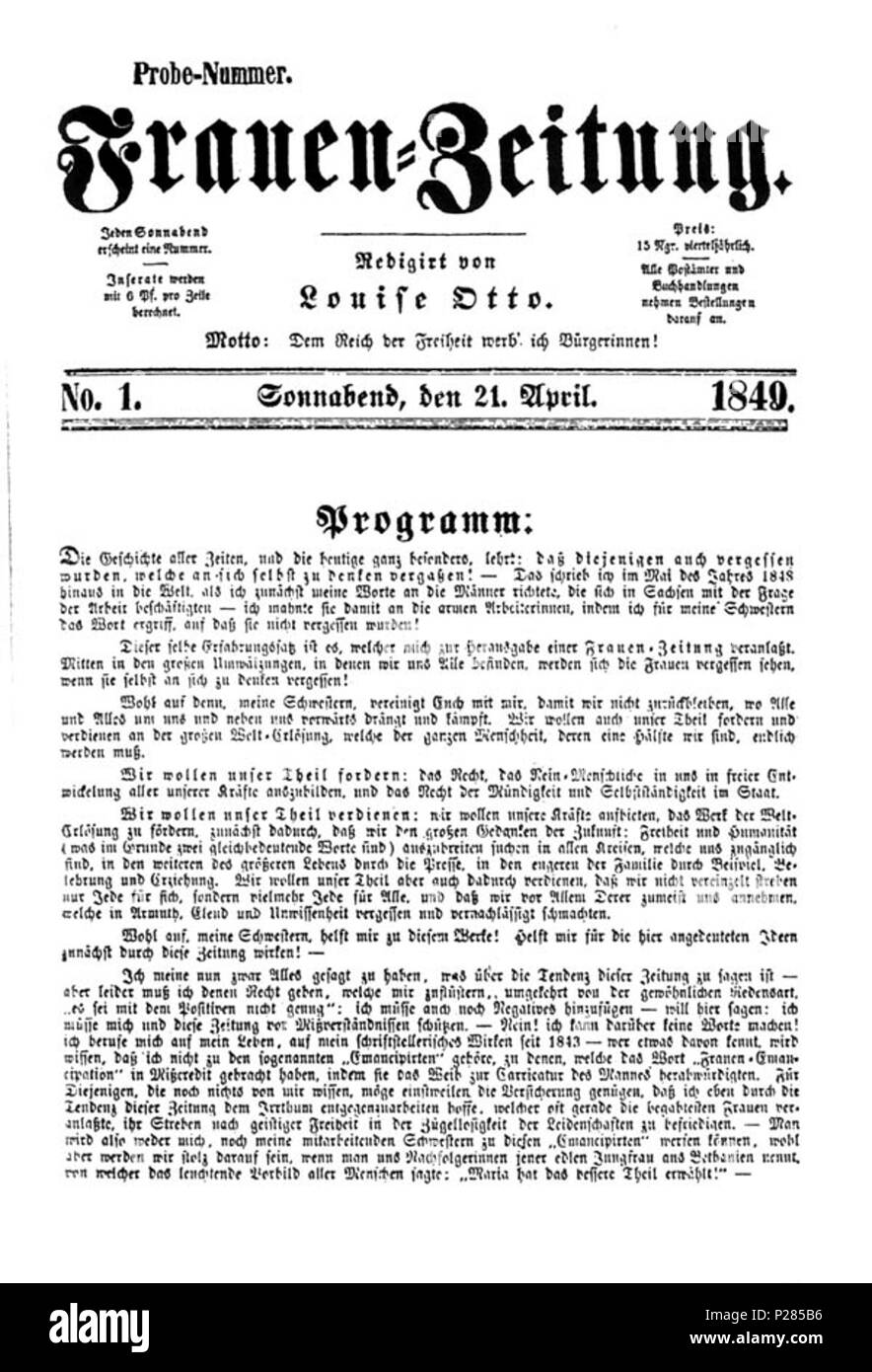 . Deutsch : von der Titelseite Probenummer Louise Ottos 'Frauen-Zeitung' . 21 avril 1849. Louise Otto-Peters (1819-1895) 126 1849 Frauen-Zeitung Probenummer Banque D'Images