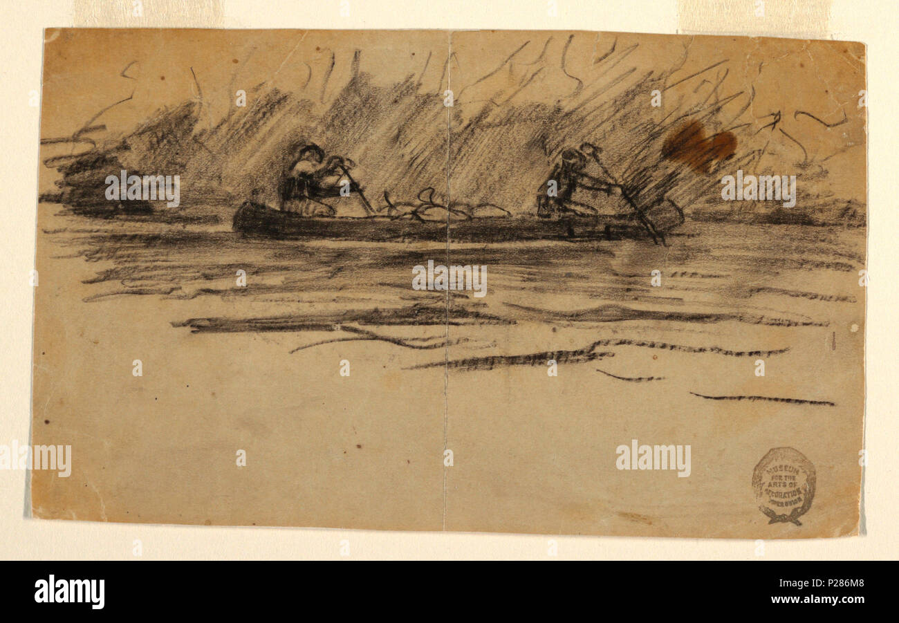 . Anglais : Dessin, canoë avec deux hommes, probablement 1897 . Anglais : vue horizontale d'un canot avec deux hommes pagaie, se dirigeant vers la droite de la feuille ; duffle bgs dans centre de canoe ; indication de feuillage en arrière-plan. Probablement 1897 99 . Dessin, canoë avec deux hommes, probablement 1897 (CH) 18175115 Banque D'Images