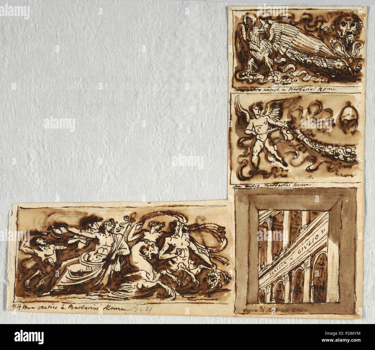 . Anglais : Dessin, études de décoration après la Collection Barberini . Anglais : Trois frises à partir de la Collection Barberini : eagle avec gharland et masques, putto avec gharland, tritone avec naiade et Vénus ; Loggia. . Avant 1901 (la date d'acquisition) 99 Dessin, études de décoration après la Collection Barberini (CH) 18118409 Banque D'Images