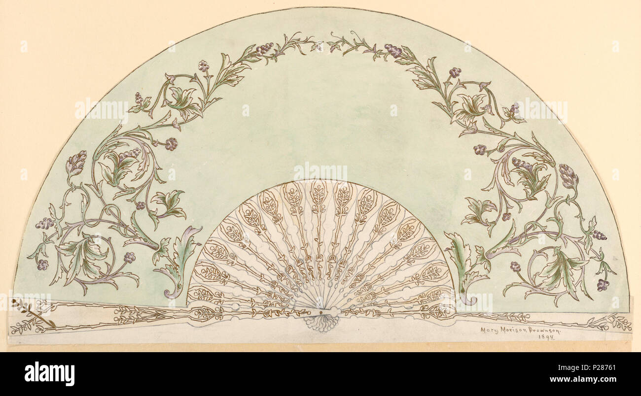 . Anglais : dessin, conception d'un ventilateur, 1894 . Anglais : Conception d'un ventilateur. Rectangle Horizontal : un modèle de feuille et de raisins, décrites dans l'or, contre un fond vert neutre. Pli vertical, un étudiant de la Woman's Art School, Cooper Union, art, 24, 1896 . 100 1894 Dessin, conception d'un ventilateur, 1894 (CH) 18397857 Banque D'Images