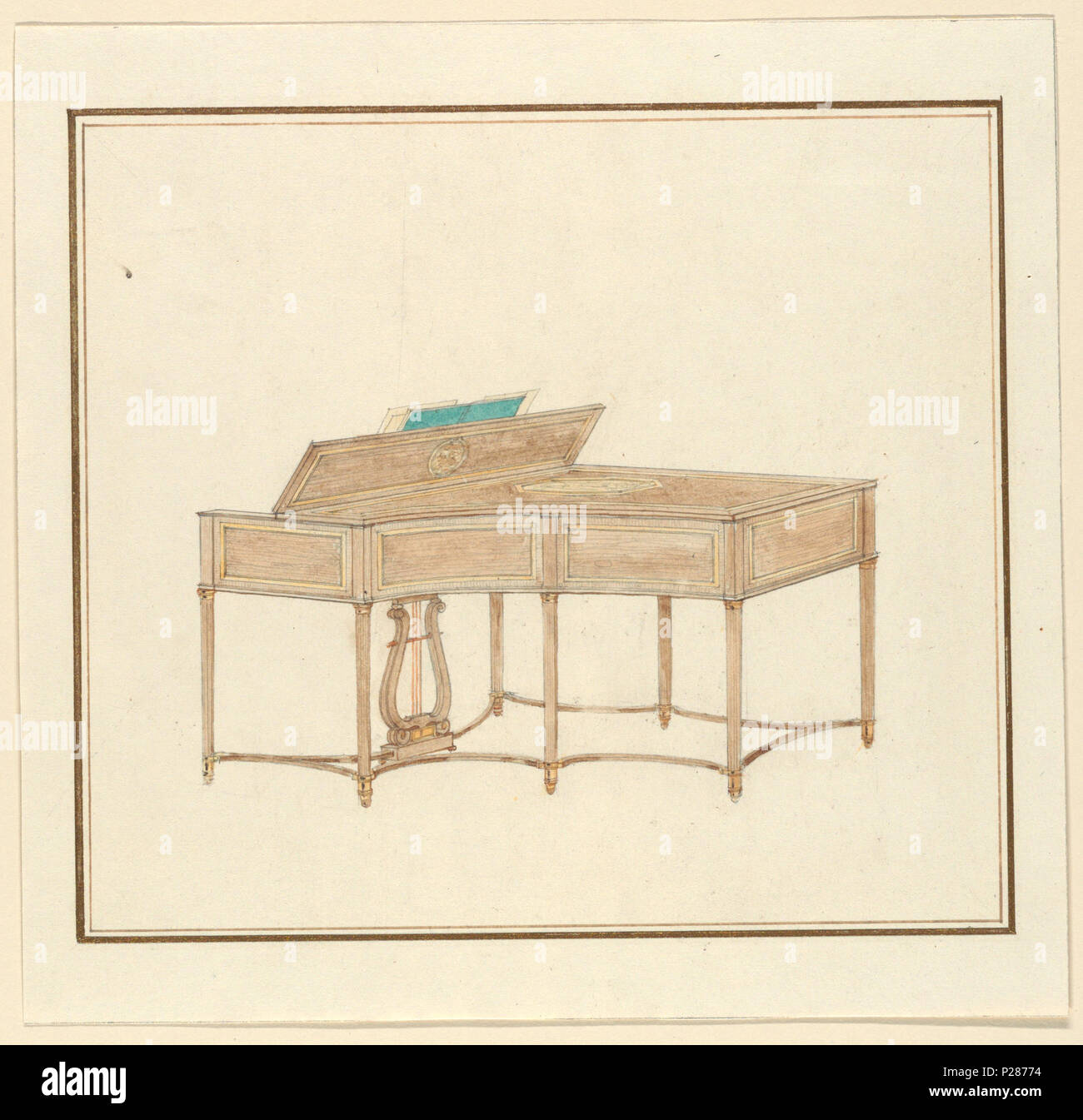 . Anglais : dessin, conception d'un Piano marqueterie cas, novembre 1916 . Anglais : vue en perspective vers le côté incurvé de piano. Jambes élancées, sept tables rondes et s'effile légèrement incurvé, rejoints par des brancards : support en forme de lyre pour pédales. Côtés de lambris de cas. . Novembre 1916 100 Dessin, conception d'un Piano marqueterie cas, novembre 1916 (CH) 18557515 Banque D'Images