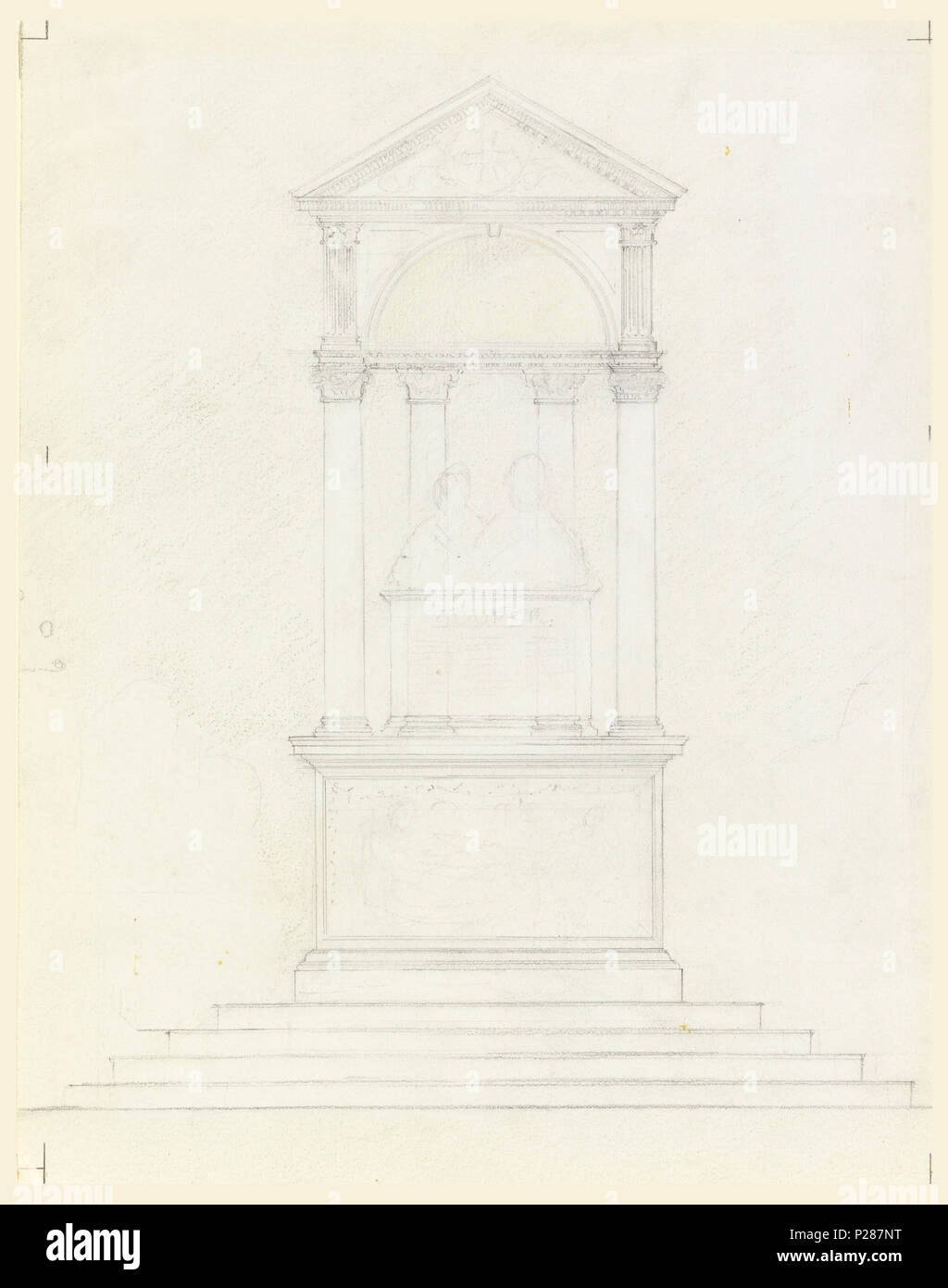 . Anglais : Dessin, Design pour Cooper Monument, ca. 1900 . Anglais : Esquisse pour le monument de Cooper. Édicule, couronné par un fronton. Quatre colonnes corinthiennes reposant sur un piédestal, dont la façade est décorée d'une scène en relief. Quatre étapes à la base. Scheme abandonnés pour Cooper, monument mais plus tard utilisé pour Phillips Brooks monument à Boston. Inverser esquisse pour un monument composé de deux sections et d'un toit pyramidal, à l'oblique illustré. . Vers 1900 101 Dessin, Design pour Cooper Monument, ca. 1900 (CH) 18343977 Banque D'Images