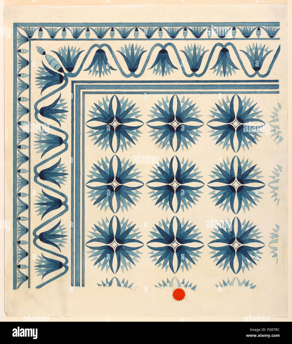 . Anglais : Dessin, Design pour revêtements de sol, vers 1895 . Anglais : rectangle vertical. La masse centrale composée d'styleized forme fleur avec pétales fait également espacés rayonnant à partir d'une place centrale. Border composé de formes de fleurs vu de profil en inversant l'altération. Un quart, seulement, de modèle est illustré . circa 1895 101 dimensions, la conception de revêtements de sol, vers 1895 (CH) 18397855 Banque D'Images