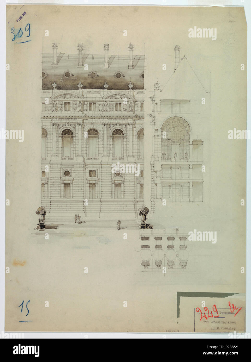 . Anglais : Dessin, Design pour plusieurs baies d'un bâtiment public, 1907 . Anglais : élévation avant élévation côté ; et le plan de plusieurs baies d'un bâtiment public. Quatre étages sur un podium ou de base ; de grandes ouvertures en alternance avec petits ; toit à pignons. . 103 1907 Dessin, Design pour plusieurs baies d'un bâtiment public, 1907 (CH) 18392699-2 Banque D'Images