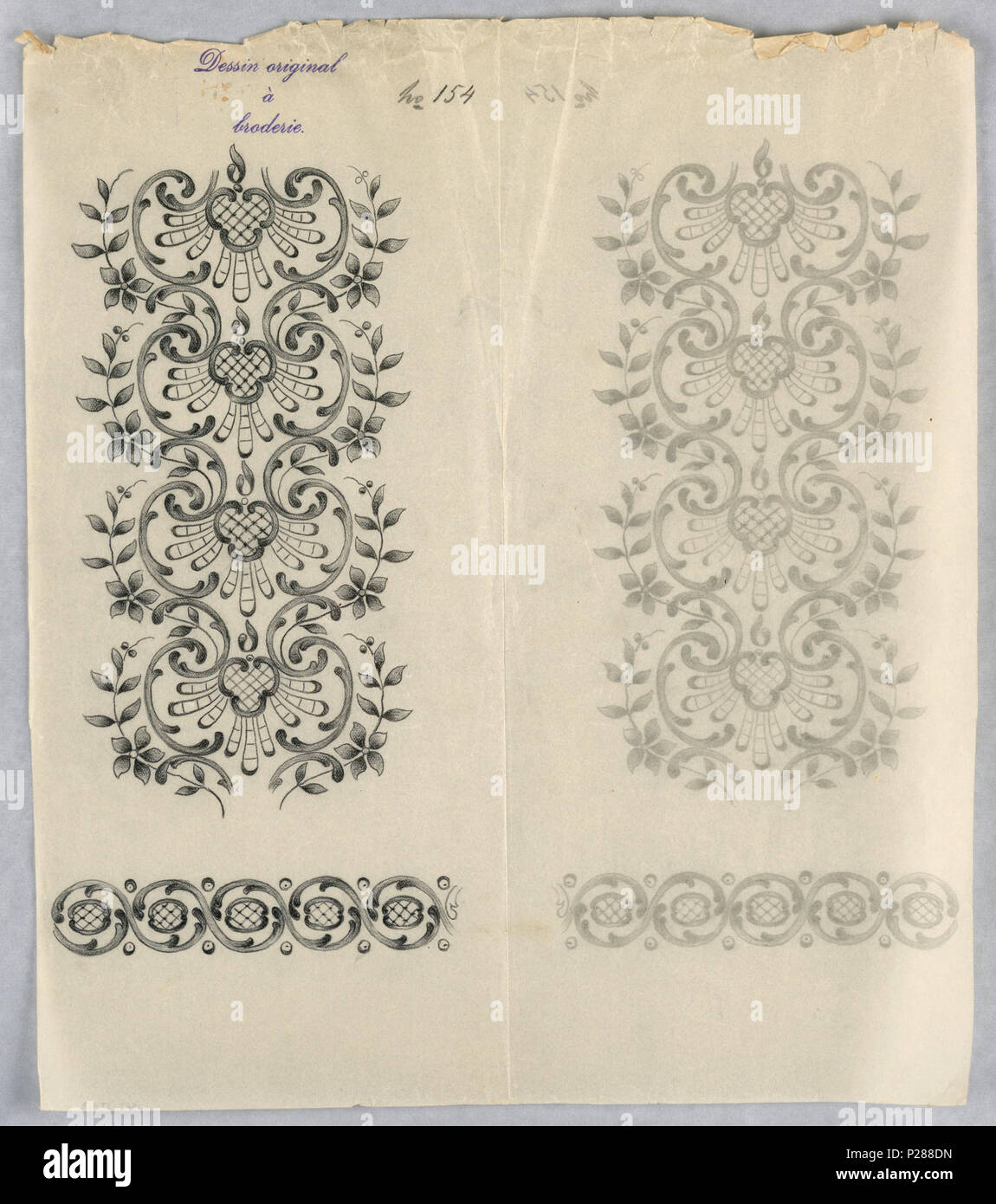 . Anglais : Dessin, Dessins pour la broderie, ca. 1890 . Anglais : rectangle vertical. Dessins de résumé des motifs floraux pour panneaux et frontières. Chaque dessin gravé en haut : 'Sessin original un broderie.' 154 dessins numérotés (D) . vers 1890 104 Dimensions, Dessins pour la broderie, ca. 1890 (CH) 18446675 Banque D'Images