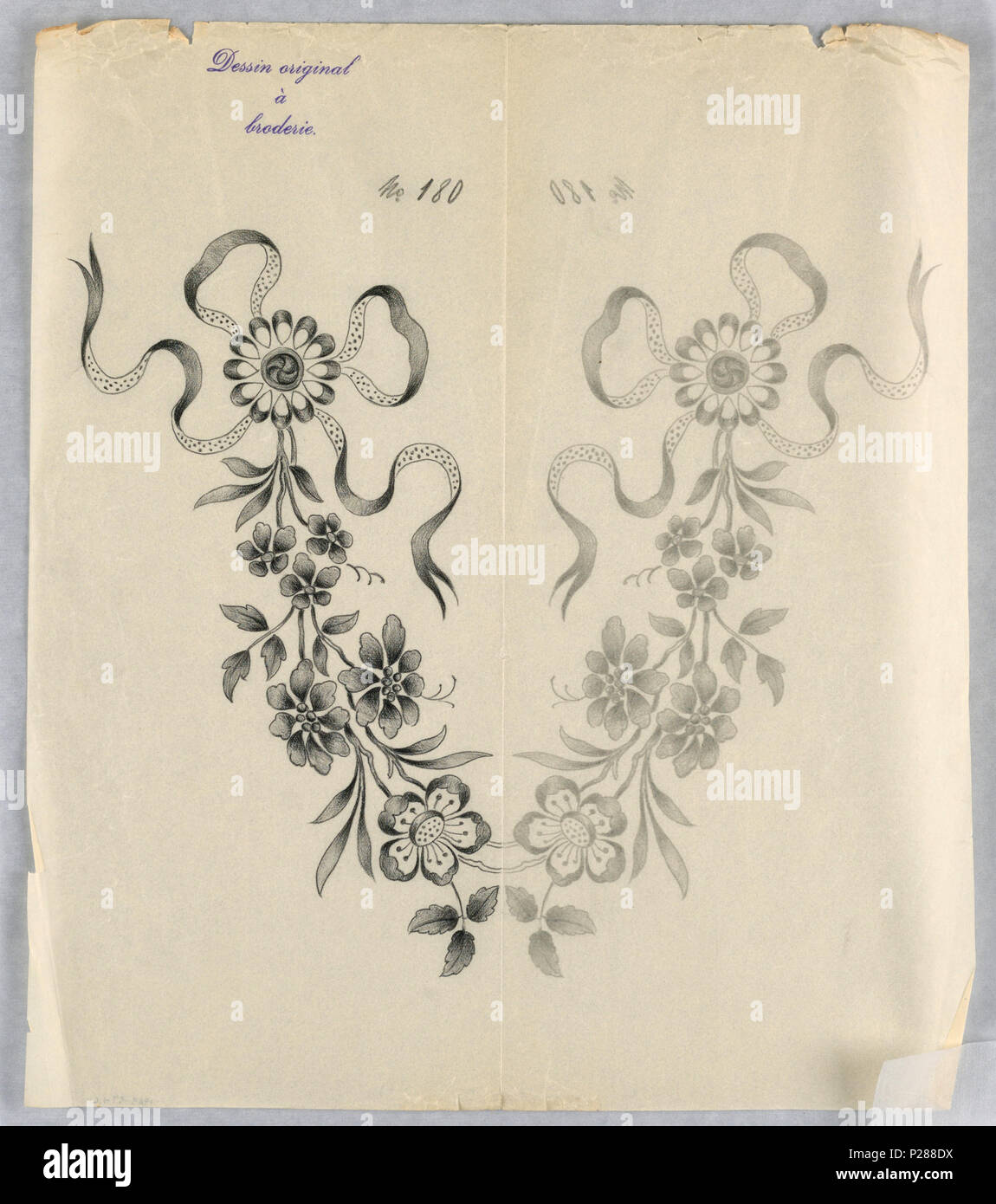 . Anglais : Dessin, Dessins pour la broderie., ca. 1890 . Anglais : rectangle vertical. Dessins de résumé des motifs floraux pour panneaux et frontières. Chaque dessin gravé en haut : 'Dessin original un broderie.' dessins numérotés de 180 (L) . vers 1890 104 Dimensions, Dessins pour la broderie., ca. 1890 (CH) 18446691 Banque D'Images