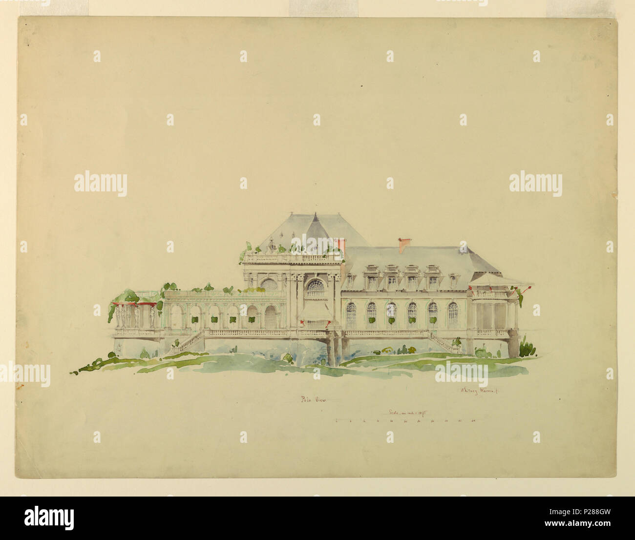 . Anglais : dessin, l'élévation vers Polo Grounds, club-house, Newport, Rhode Island et Golf Club, ca. 1896 . Anglais : édifice de deux étages à toit pointu, balustrades, et de verdure. En face de l'étage principal, d'une terrasse avec colonnades. Centre inférieur, dans l'encre brune : Polo vue ; l'échelle, un pouce  = 10 ft [ci-dessous]. . Vers 1896 104 dimensions, l'élévation vers Polo Grounds, club-house, Newport, Rhode Island et Golf Club, ca. (1896 CH 18563517-2) Banque D'Images