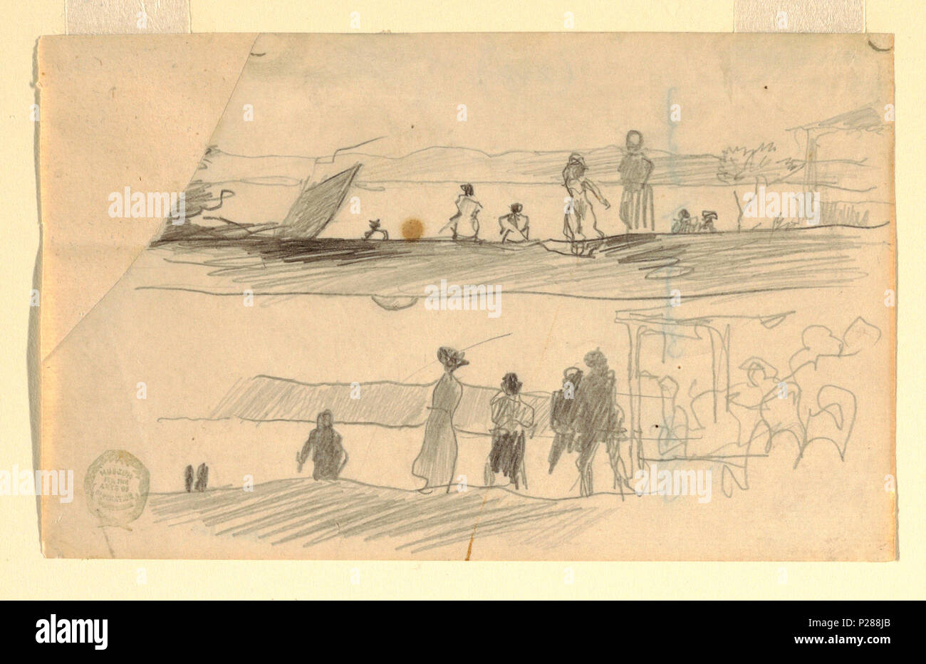 . Anglais : Dessin, chiffres à surplombant une baie, ca. 1895 . Anglais : deux croquis horizontale, l'un au-dessus de l'autre, des gens debout sur un promontoire surplombant une baie. . Vers 1895 104 Dessin, chiffres à donnant sur une baie, ca. 1895 (CH) 18174693 Banque D'Images