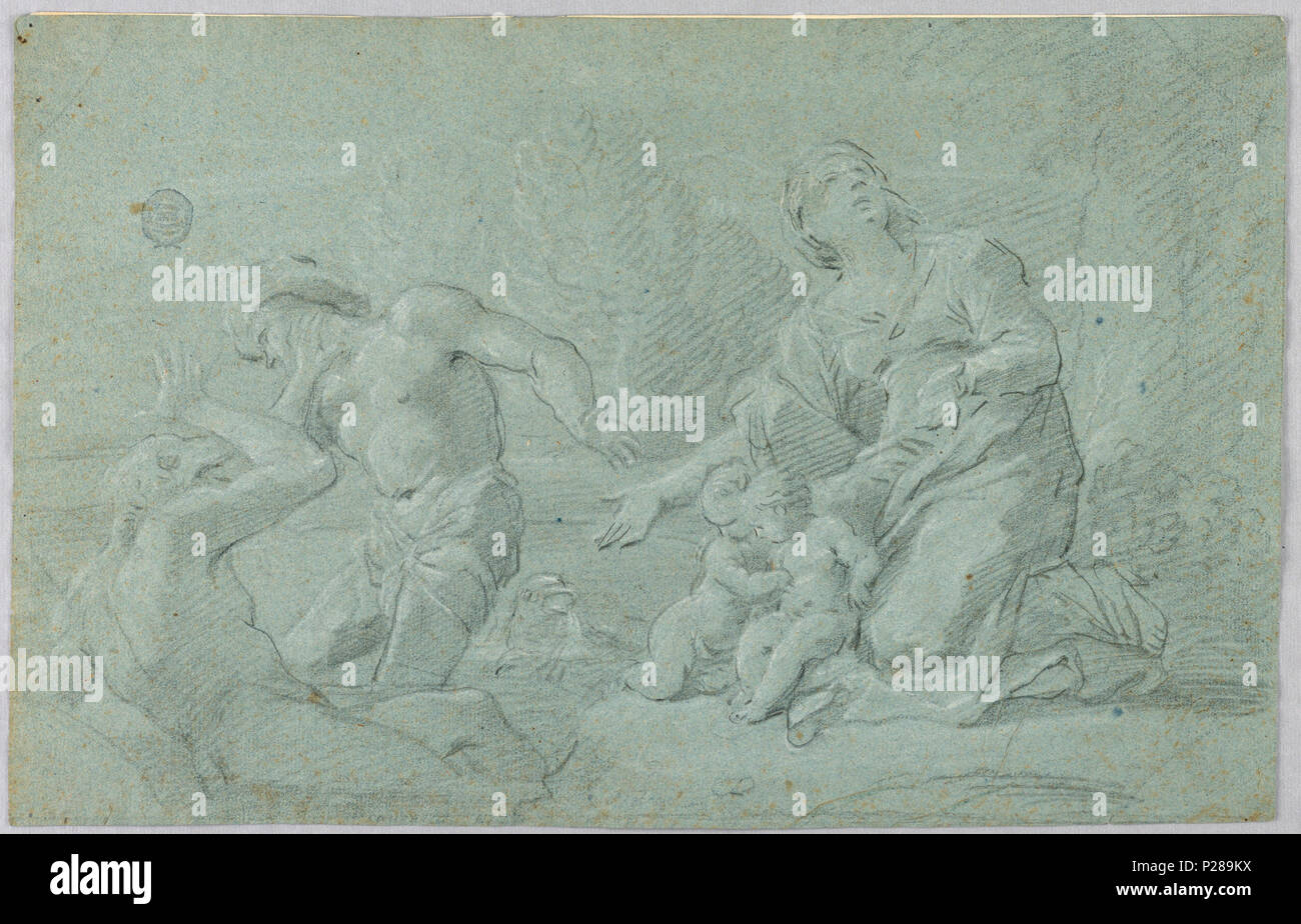 . Anglais : Dessin, Latona se métamorphoser les paysans en grenouilles . Anglais : Latona s'agenouille, d'armes, oustretched jusqu'à ses enfants, alors qu'Artémis et d'Apollon se tiennent contre ses genoux sur la droite du dessin. Sur la gauche, deux paysans sont représentés avec l'onagre, leaning loin de Latona, et l'un a la tête d'une grenouille. . Avant 1901 (la date d'acquisition) 106 Latona, dessin de se métamorphoser les paysans en grenouilles (CH) 18119129 Banque D'Images