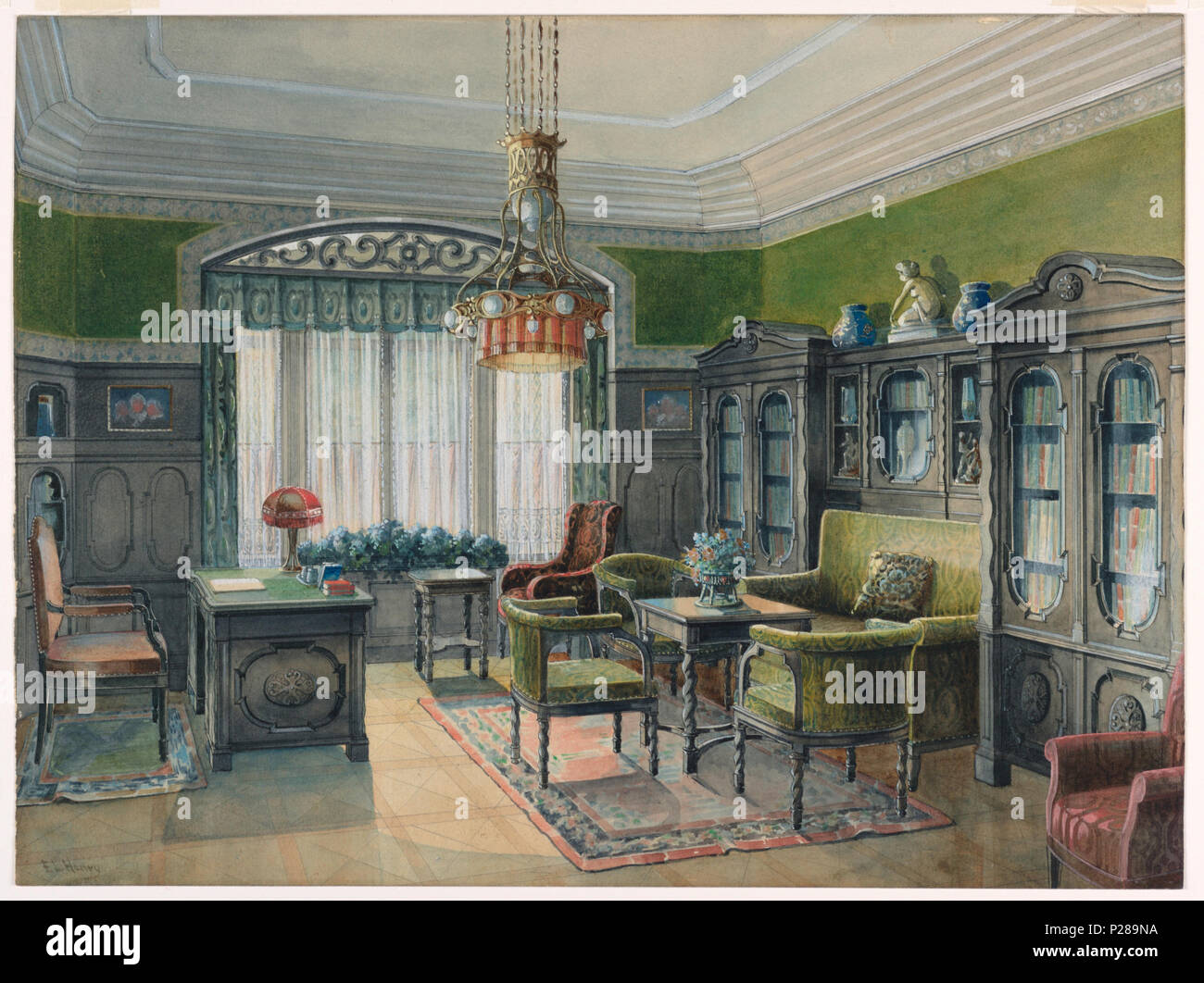. Anglais : dessin, la bibliothèque ou le bureau de l'intérieur, ca. 1915 . Anglais : un véritable style éclectique de décoration prévaut dans cette nouvelle bibliothèque de la ville de New York. Le placement de l'Equinox, encastré dans une bibliothèque, est typique de l'esthétique du mouvement. Le livre vert et jaune tissu d'ameublement imprimé reflète les conceptions de William Morris, tout comme les rideaux de fenêtre et la cantonnière. Le chandelier comporte des éléments de style néo-gothique ; cependant, la lampe de bureau se tourne vers l'Art Nouveau. Hortensias à la fenêtre ; un arrangement floral sur le canapé table ; et porcelaines, verre et sculptures sont des caractéristiques communes de la Banque D'Images