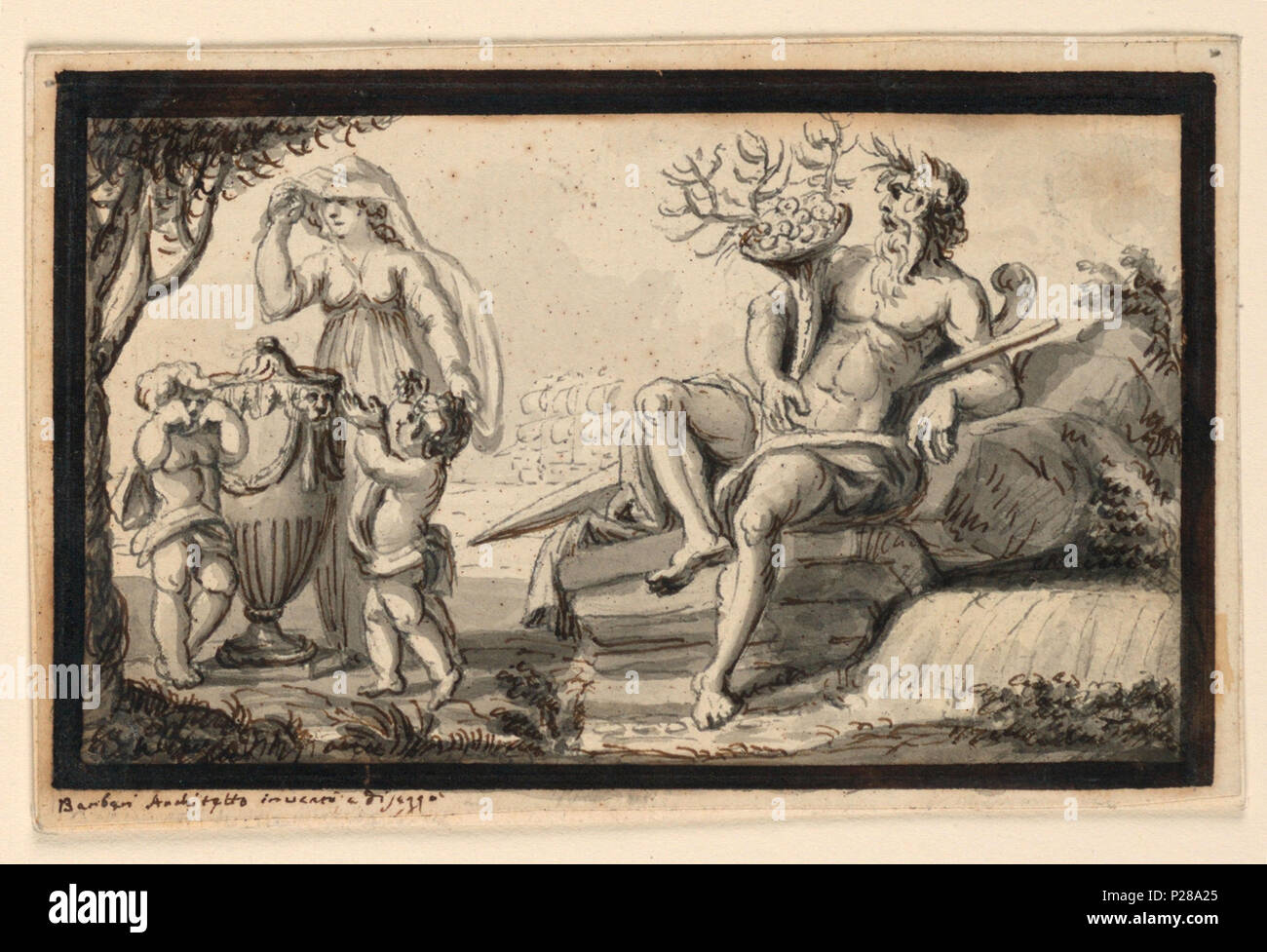 . Anglais : Dessin, scène de deuil . Anglais : rectangle horizontal. Une femme et deux enfants sont à gauche dans une urne cinéraire, en deuil l'attitude. À droite se trouve un dieu de la rivière. Une frégate est dans l'arrière-plan. L'ossature large bande. La signature est en dessous de son coin supérieur gauche : 'Barberi Architetto invento e disegno'. . Avant 1901 (la date d'acquisition) 106 Dimensions, scène de deuil (CH) 18115061 Banque D'Images