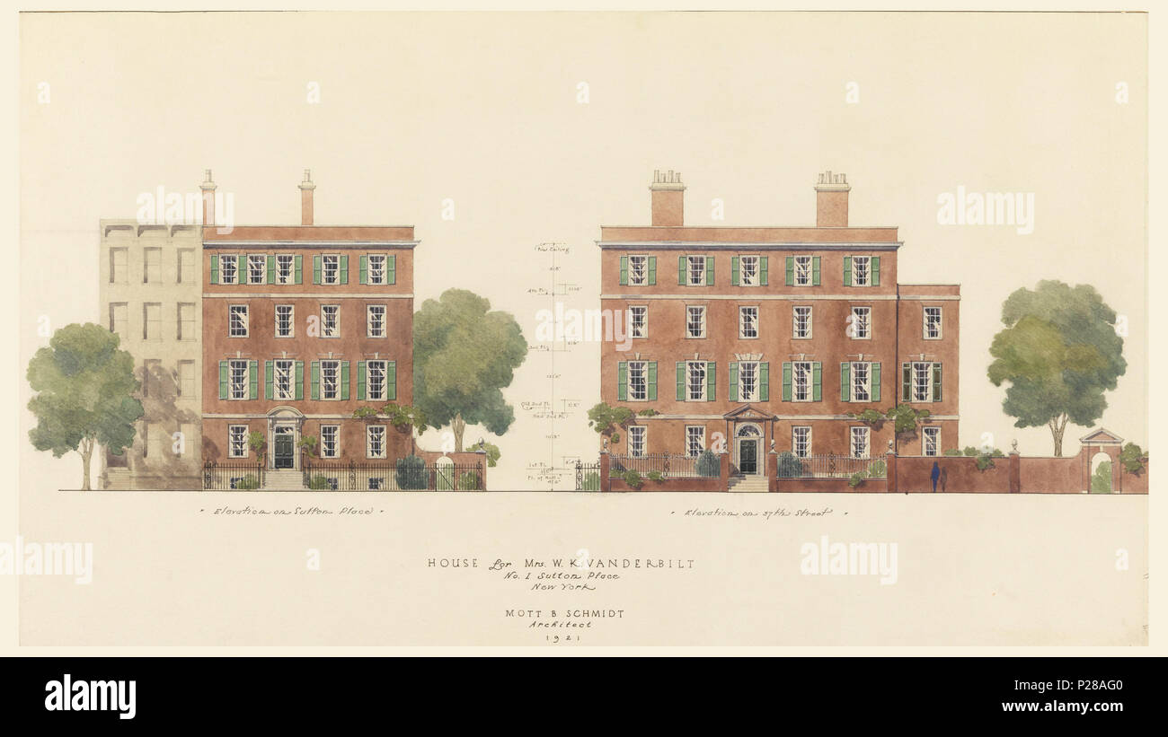. Anglais : dessin, le rendu d'un Sutton Place, New York, 1921 . Anglais : élévations avant et latérales d'un bâtiment de quatre étages en briques et calcaire moulure de coin chambre, érigé pour Mme William K. Vanderbilt sur l'angle nord-est de Sutton Place et la 57e Rue, New York. D'indiqué. Inscrire ci-dessous : "maison à Mme W. K. Vanderbilt / No 1, place Sutton / New York / Mott B. Schmidt / architecte / 1921." . 107 1921 Dessin, le rendu de l'un Sutton Place, New York, 1921 (CH) 18416459 Banque D'Images . Anglais : dessin, le rendu d'un Sutton Place, New York, 1921 . Anglais : élévations avant et latérales d'un bâtiment de quatre étages en briques et calcaire moulure de coin chambre, érigé pour Mme William K. Vanderbilt sur l'angle nord-est de Sutton Place et la 57e Rue, New York. D'indiqué. Inscrire ci-dessous : "maison à Mme W. K. Vanderbilt / No 1, place Sutton / New York / Mott B. Schmidt / architecte / 1921." . 107 1921 Dessin, le rendu de l'un Sutton Place, New York, 1921 (CH) 18416459 Banque D'Images