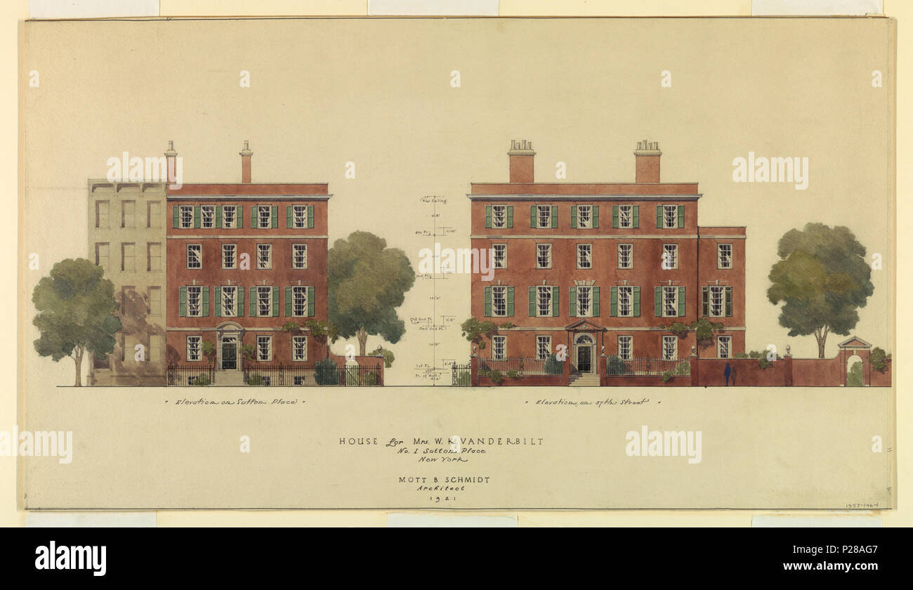 . Anglais : dessin, le rendu d'un Sutton Place, New York, 1921 . Anglais : élévations avant et latérales d'un bâtiment de quatre étages en briques et calcaire moulure de coin chambre, érigé pour Mme William K. Vanderbilt sur l'angle nord-est de Sutton Place et la 57e Rue, New York. D'indiqué. Inscrire ci-dessous : "maison à Mme W. K. Vanderbilt / No 1, place Sutton / New York / Mott B. Schmidt / architecte / 1921." . 107 1921 Dessin, le rendu de l'un Sutton Place, New York, 1921 (CH) 18416459-2 Banque D'Images . Anglais : dessin, le rendu d'un Sutton Place, New York, 1921 . Anglais : élévations avant et latérales d'un bâtiment de quatre étages en briques et calcaire moulure de coin chambre, érigé pour Mme William K. Vanderbilt sur l'angle nord-est de Sutton Place et la 57e Rue, New York. D'indiqué. Inscrire ci-dessous : "maison à Mme W. K. Vanderbilt / No 1, place Sutton / New York / Mott B. Schmidt / architecte / 1921." . 107 1921 Dessin, le rendu de l'un Sutton Place, New York, 1921 (CH) 18416459-2 Banque D'Images