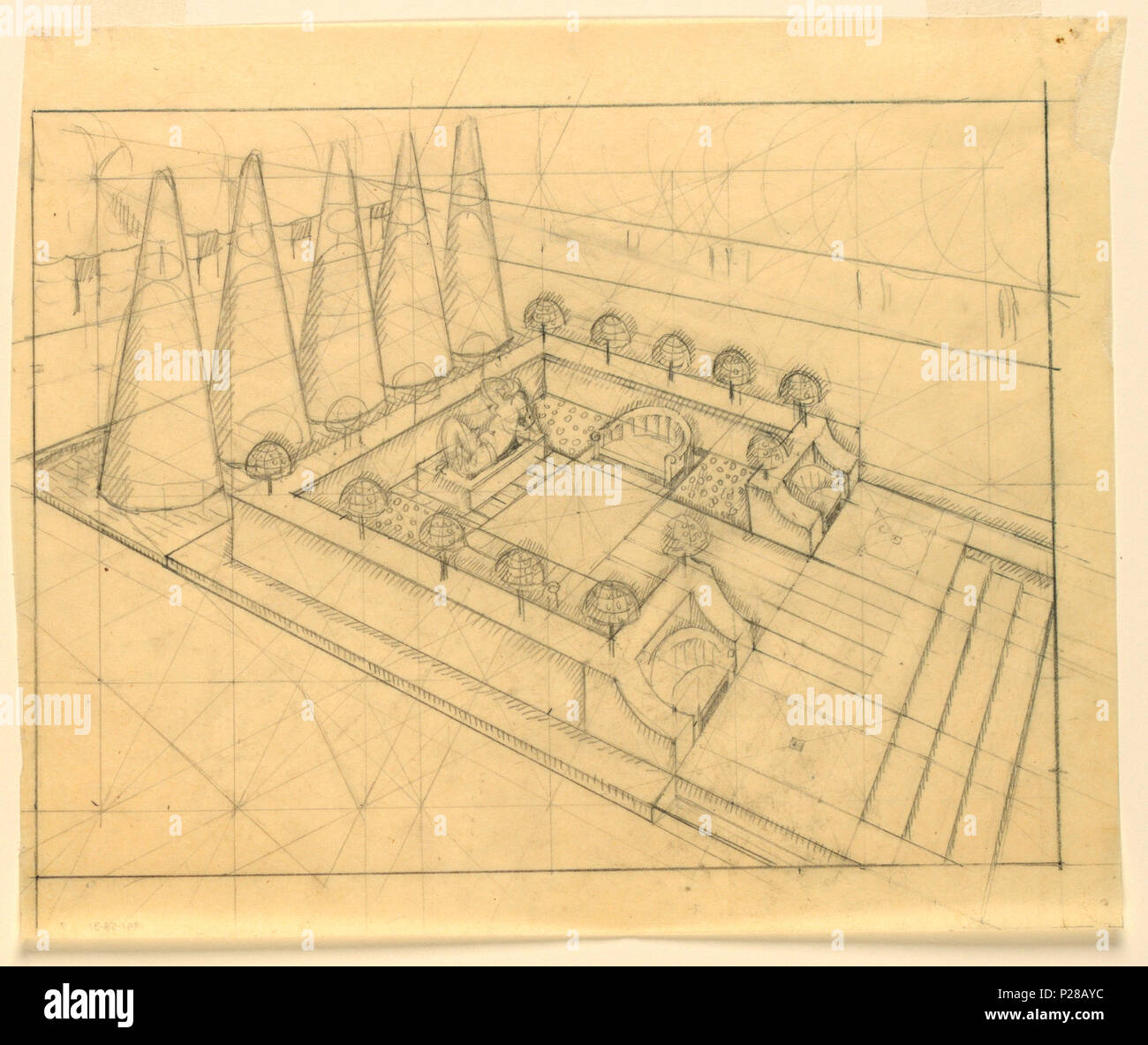 108 Dessin, Étude pour jardin clos avec des sculptures, des bancs, et une rangée de cinq arbres coniques, 1912-19 (CH) 18636657 Banque D'Images