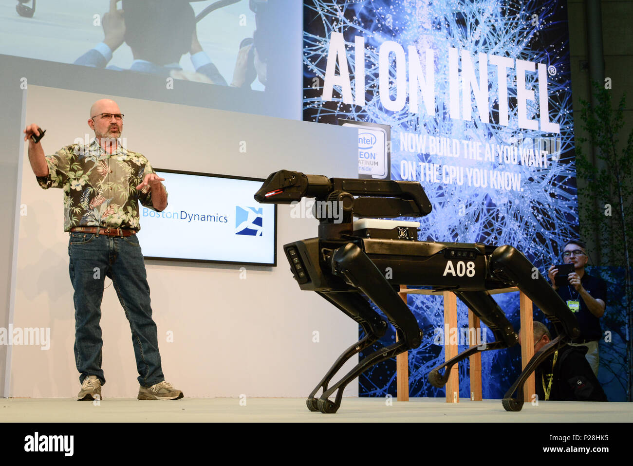 Hanovre, Allemagne. 13 Juin, 2018. Marc Reibert, fondateur de Boston Dynamics, présente le robot SpotMini au CeBIT 2018 à Hanovre. SpotMini est un petit robot à quatre pattes avec la capacité de prendre et manipuler des objets à l'aide de ses 5 degrés de liberté et la perception du bras de capteurs. Crédit : Laura Chiesa/Pacific Press/Alamy Live News Banque D'Images