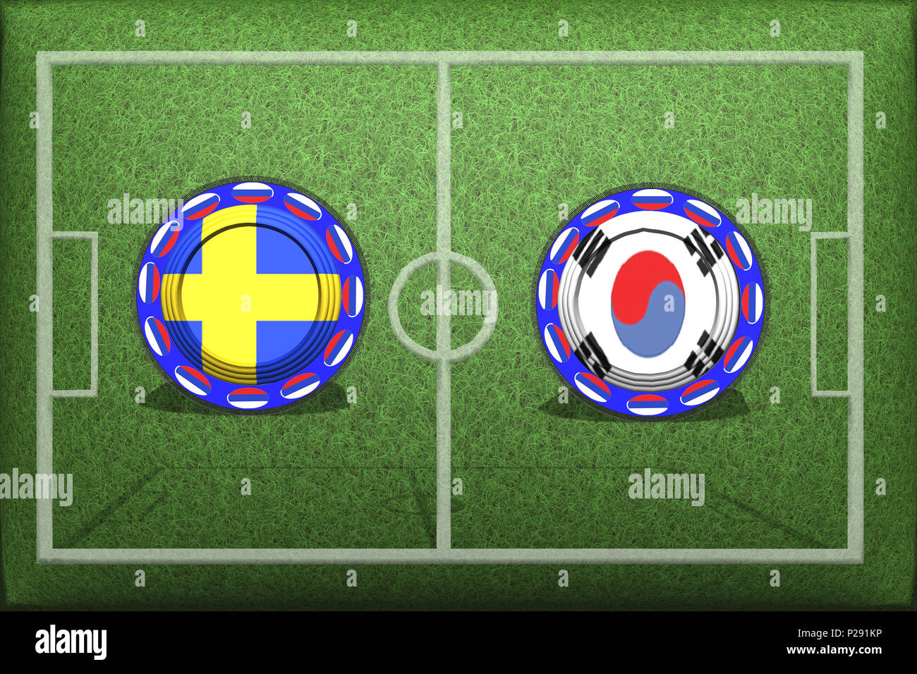 Football, Coupe du Monde 2018, Groupe F Jeu, Suède - Corée du Sud, le lundi 18 juin, un bouton avec les drapeaux nationaux sur l'herbe verte. Banque D'Images