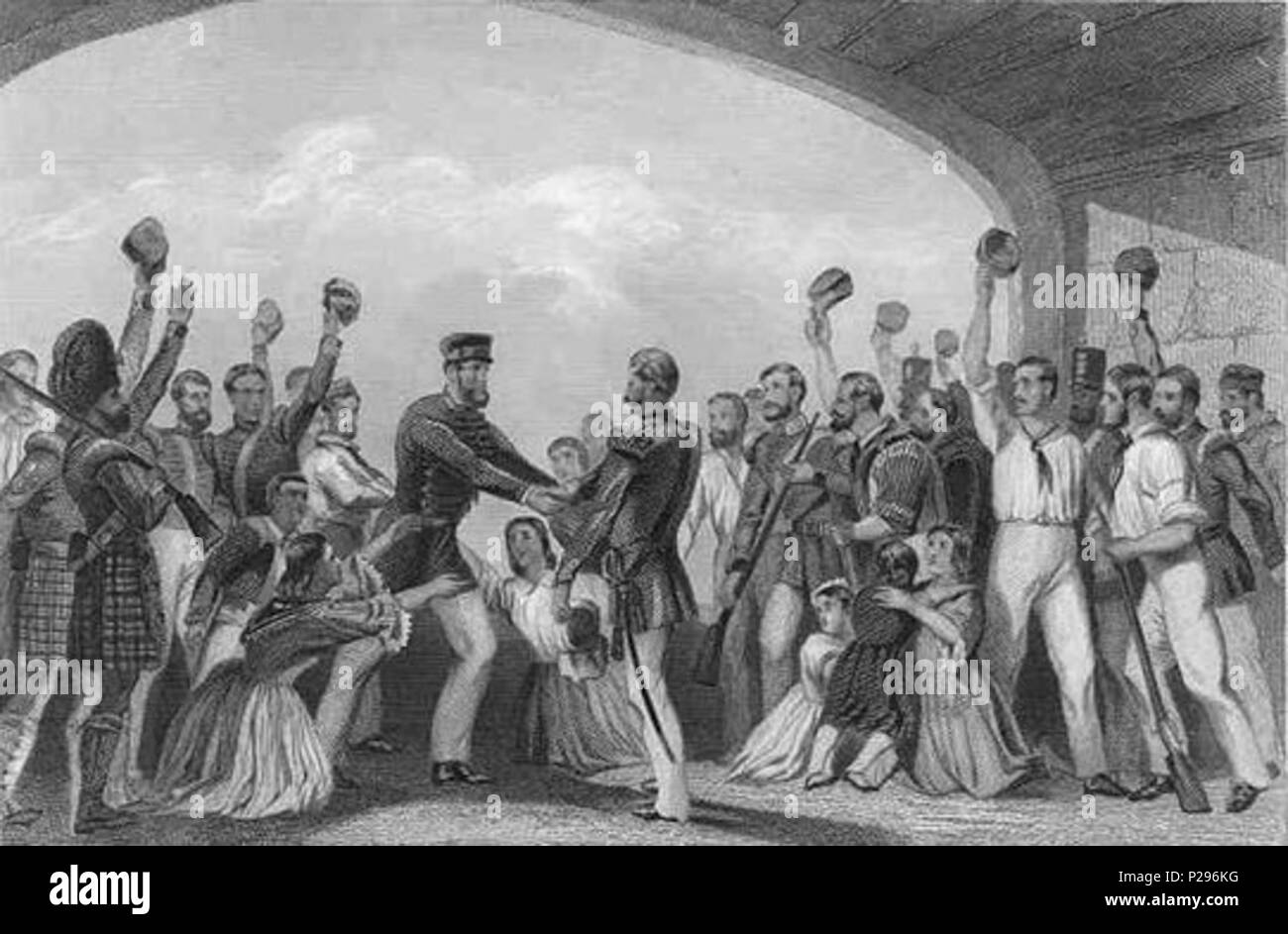 . English : 'LE SOULAGEMENT DE LUCKNOW PAR LE GÉNÉRAL HAVELOCK. Révolte des troupes indigènes à Lucknow le 30 mai 1857 - La résidence, investi par les rebelles 29 Juin - relevée par le général Havelock Septr. 25e, encore une fois entouré Septr. 26 - finalement revécu par Sir Colin Campbell, Novembre 17th, 1858 Gravure". Gravure sur acier de l'histoire de la rébellion indienne. [1]. Livre par Charles Ball. 1858 HavelockRelievesLucknow 145 Non déclaré. Banque D'Images