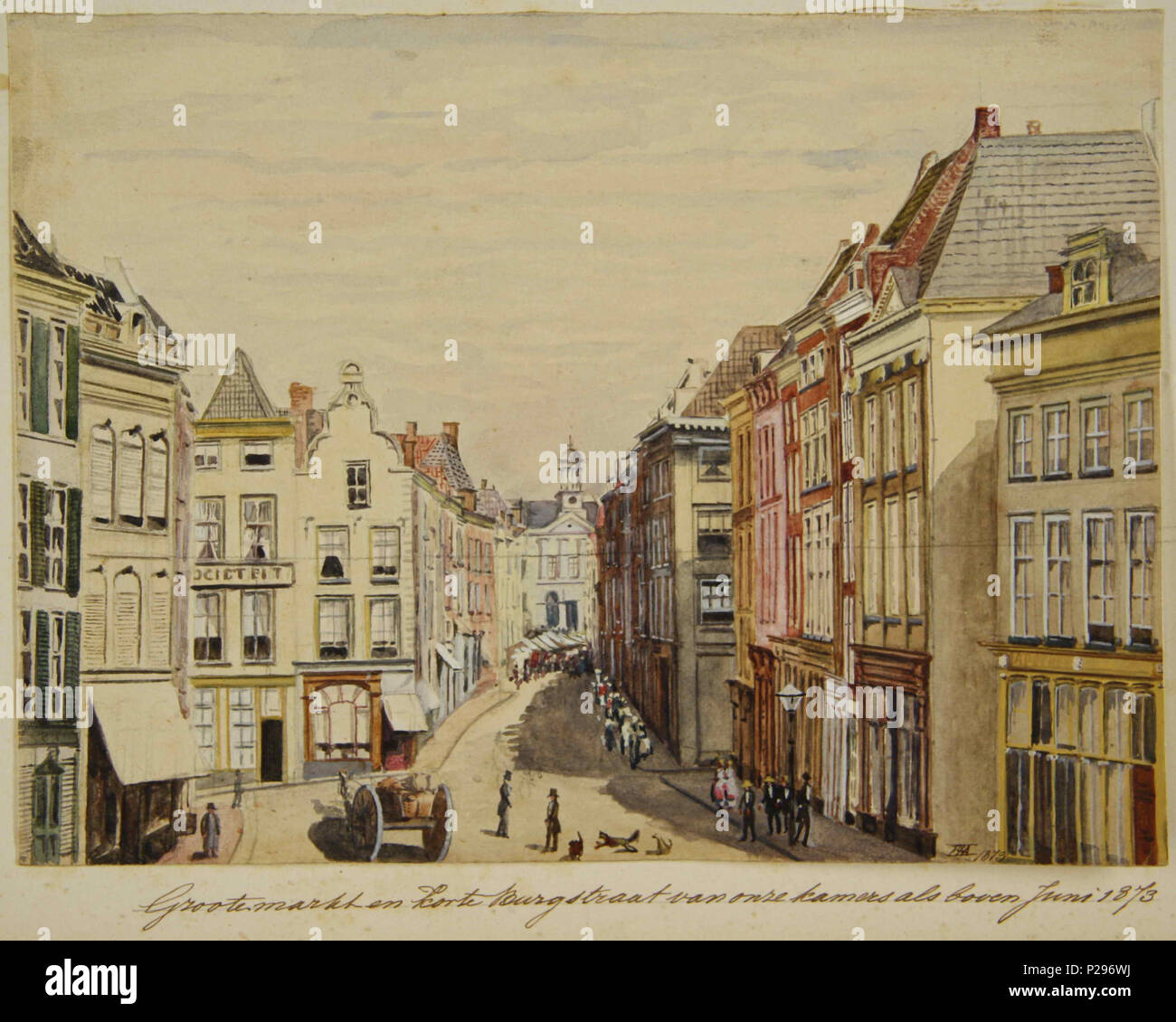 . Nederlands : Het gezicht à partir de Grote Markt via de Korte- en Lange Burchtstraat, in de richting van het Kelfkensbos, op de achtergrond de Schouwburg, fr Liens de Grotestraat. Aquarel van Frederik Hendrik Ampt (entre 1834 et 1914) uit de la bande 'Herinneringen aan diverses geteekend woonplaatsen naar de natuur F.H. porte Ampt' . Juin 1873 147 Het gezicht à partir de Grote Markt via de Korte- en Lange Burchtstraat Regionaal Archief Nijmegen DF2315 Banque D'Images