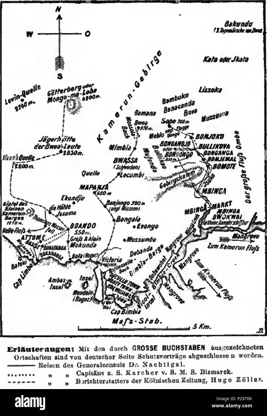 . Deutsch : Das en Kamerun-Gebirge auf einer alten deutschen Karte. Anglais : Le Mont Cameroun sur une vieille carte allemande. 1885. Hugo Zöller (1852-1933) 152 Hugo Zoeller Le Mont Cameroun 1885 Banque D'Images