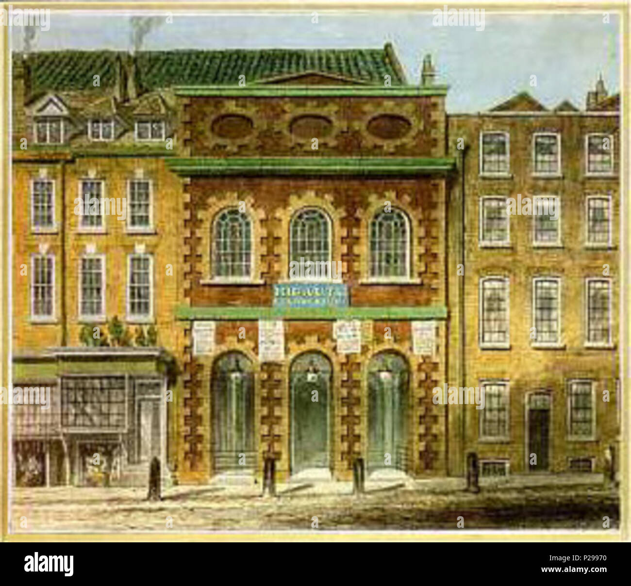 . Anglais : une reproduction sous forme de carte postale de l'Opéra italien (King's Theatre), construit par John Vanbrugh, au Haymarket avant qu'il a été détruit par un incendie le 17 juin 1789. L'impression originale a été précédemment publié dans Charles John Smith's Antiquités historiques et littéraires,[1] MM. Bernard Quaritch, Ltd.[2] Le livre a été réédité et imprimer comme : Smith, Charles John (1875) Contexte historique et Curiosités littéraires, Londres : Chatto et Windus, 556, p. 97 Plaque Extrait le 10 février 2011. L'impression originale mesure 18 cm x 21,3 cm et est placé sous la H. R. Beard Collection F94-14. TM 376. Banque D'Images