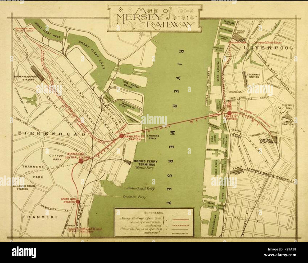 . Anglais : une carte de la Mersey Tunnel ferroviaire montrant les stations du Liverpool Birkenhead et d'autre de la rivière Mersey. Quand il a ouvert ses portes en janvier 1886, le fer de la Mersey n'a duré entre James Street Station, Liverpool et la Voie verte, Birkenhead. 20 janvier 1886. Mersey Railway Company 190 Carte de la route de la Mersey Tunnel ferroviaire Banque D'Images
