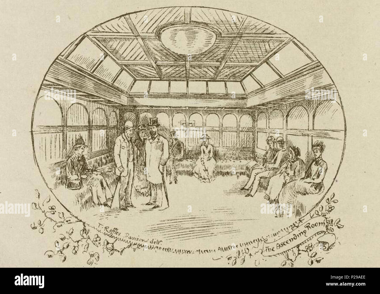 . Anglais : une illustration des ascenseurs qui transportaient des passagers de et vers les plates-formes à James Street et de Hamilton Square stations sur la Mersey Railway. Ces ascenseurs sont assez grand pour transporter une centaine de passagers à la fois et étaient exploités par l'hydraulique. 20 janvier 1886. Thomas Raffles Davison 193 Mersey Tunnel ferroviaire - ascenseurs Banque D'Images