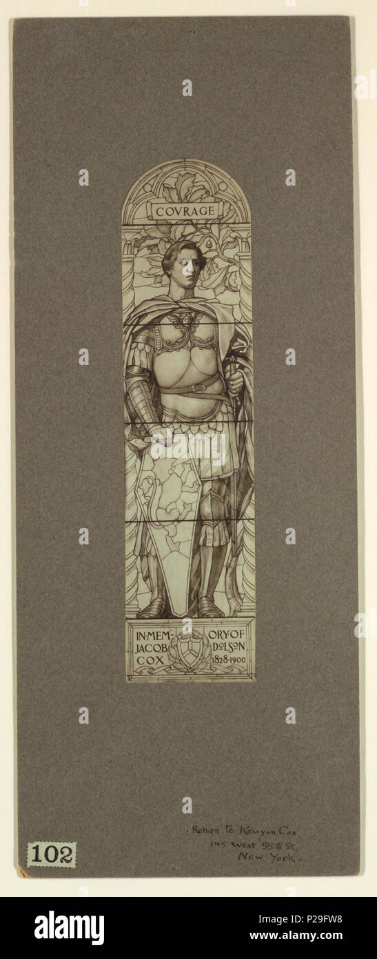 . Anglais : Photographie, dessin animé pour fenêtre Memorial : le courage, l'Oberlin College, au début du xxe siècle . Anglais : Photographie d'une décoration : un soldat classique portant robe, tenant le bouclier et l'épée ; au-dessus, texte : COVRAGE ; ci-dessous : EN MÉMOIRE DE / JACOB DOLSON / COX 1828-1900. . Début du xxe siècle 222 photographie, dessin animé pour fenêtre Memorial- du courage, de l'Oberlin College, au début du xxe siècle (CH) 18427223 Banque D'Images