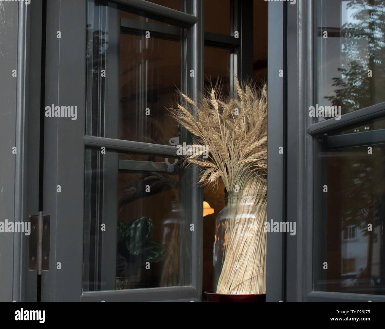 Les épis de blé fraîche dans un vase sur une fenêtre ouverte, décoration concept Banque D'Images