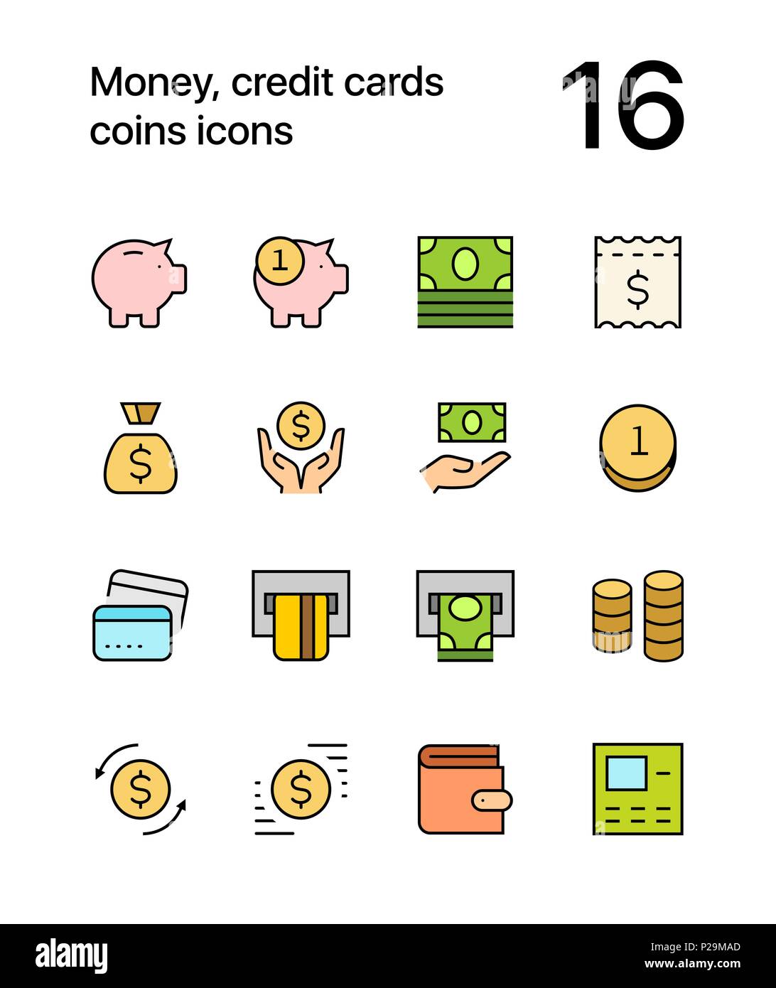 L'argent de couleur, cartes de crédit, pièces d'icônes pour le web et les terminaux mobiles pack 1 Illustration de Vecteur