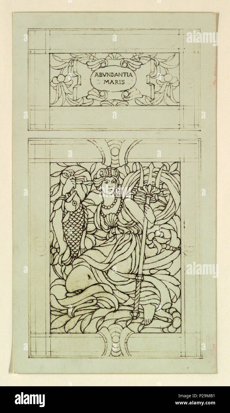 . Anglais : Imprimer, Abundantia Terrae, après 1908 . Anglais : deux panneaux. Ci-dessus à motif floral, un cartouche qui lit : ABVNDANTIA / MARIS. Ci-dessous une figure féminine tenant un poisson et un triton, assis sur un dauphin ou baleine. . Après 1908267 Imprimer, Abundantia Terrae, après 1908 (CH) 18427247 Banque D'Images
