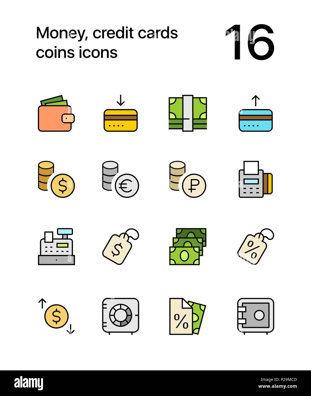 L'argent de couleur, cartes de crédit, pièces d'icônes pour le web et les terminaux mobiles pack 2 Illustration de Vecteur