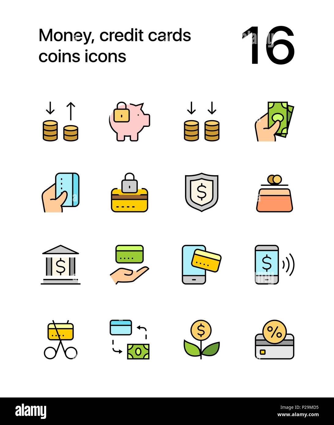L'argent de couleur, cartes de crédit, pièces d'icônes pour le web et les terminaux mobiles pack 3 Illustration de Vecteur