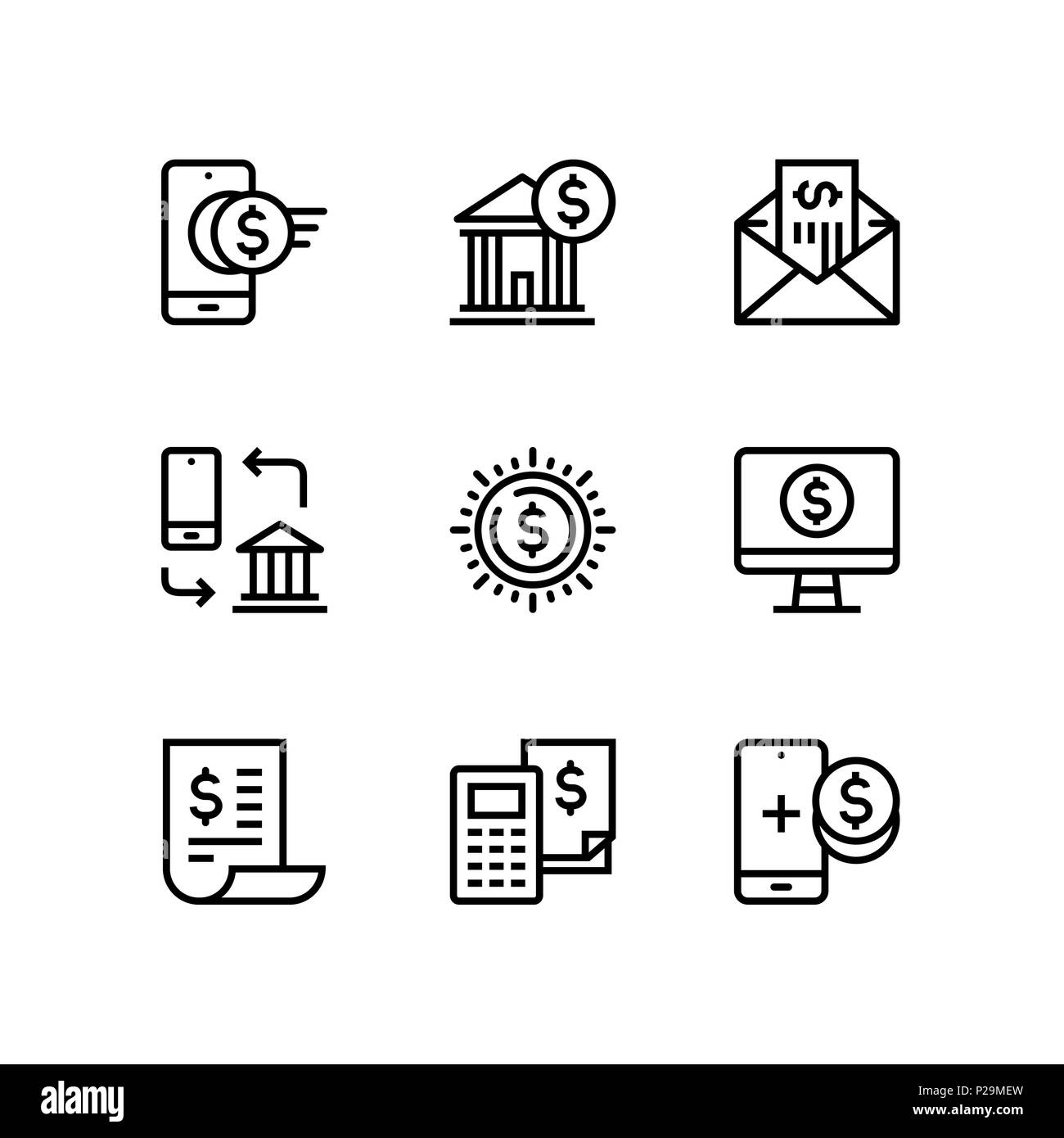 Paiement, l'argent, finances, trésorerie et de carte ligne vectorielle icônes pour le web et les terminaux mobiles pack 4 Illustration de Vecteur