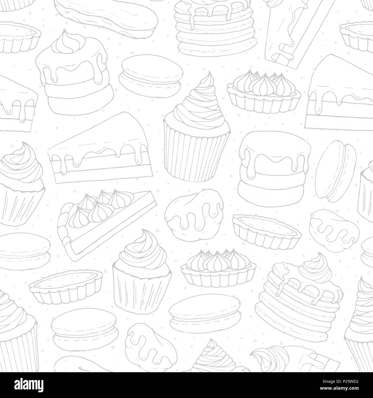Pâtisserie Vecteur de répétition avec des gâteaux, tartes, muffins, crêpes, macarons et contours éclairs sur le fond en pointillé. Hand drawn sweet bakery à sk Illustration de Vecteur