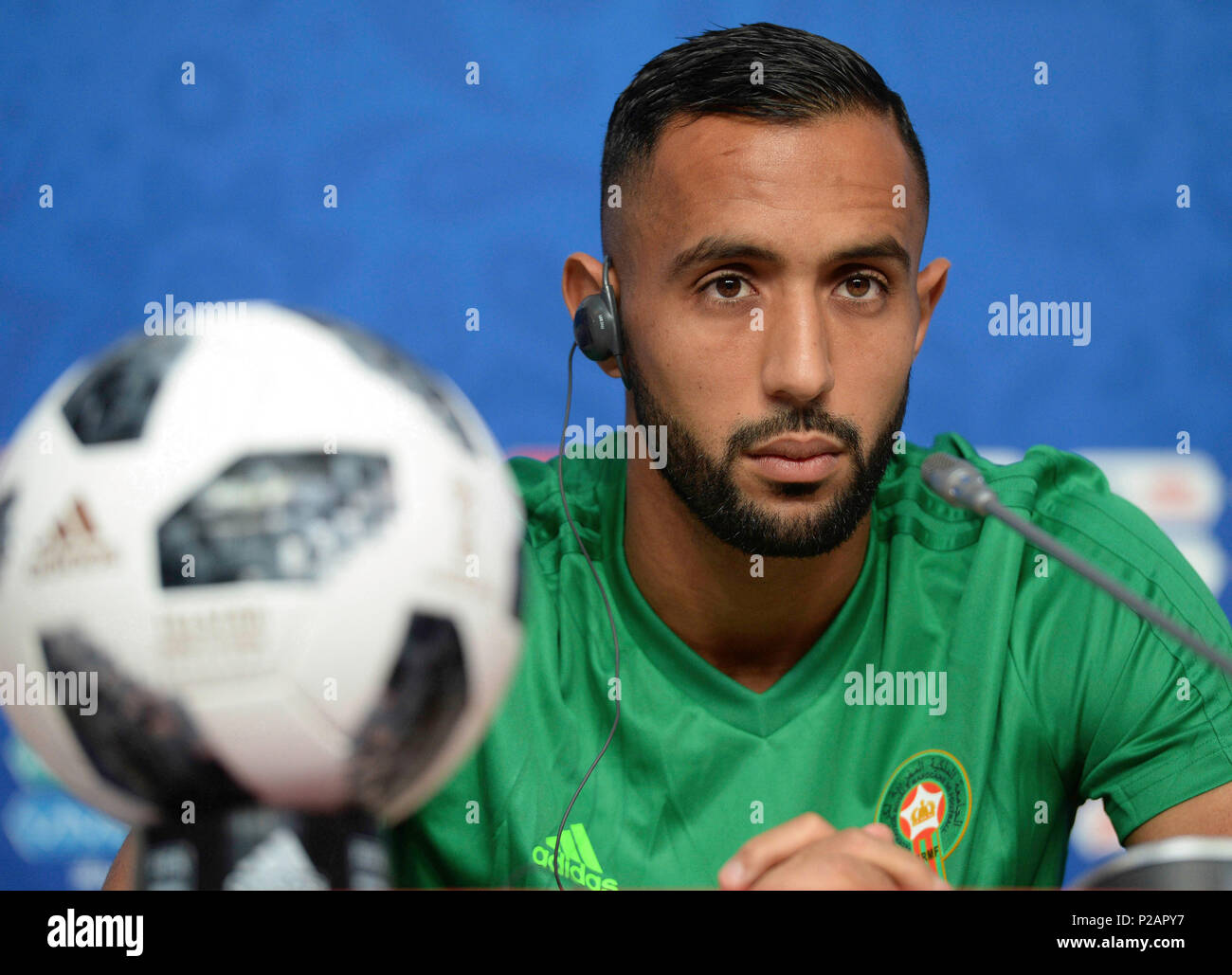 Saint-pétersbourg, Russie. 14 Juin, 2018. Coupe du Monde de la FIFA, de la Russie. Conférence d'avant-match de l'équipe nationale du Maroc. Dans l'image : joueur de l'équipe nationale du Maroc de Hakim Ziyech. (Photo : Andreï Pronin/Fotoarena) Crédit : Foto Arena LTDA/Alamy Live News Banque D'Images