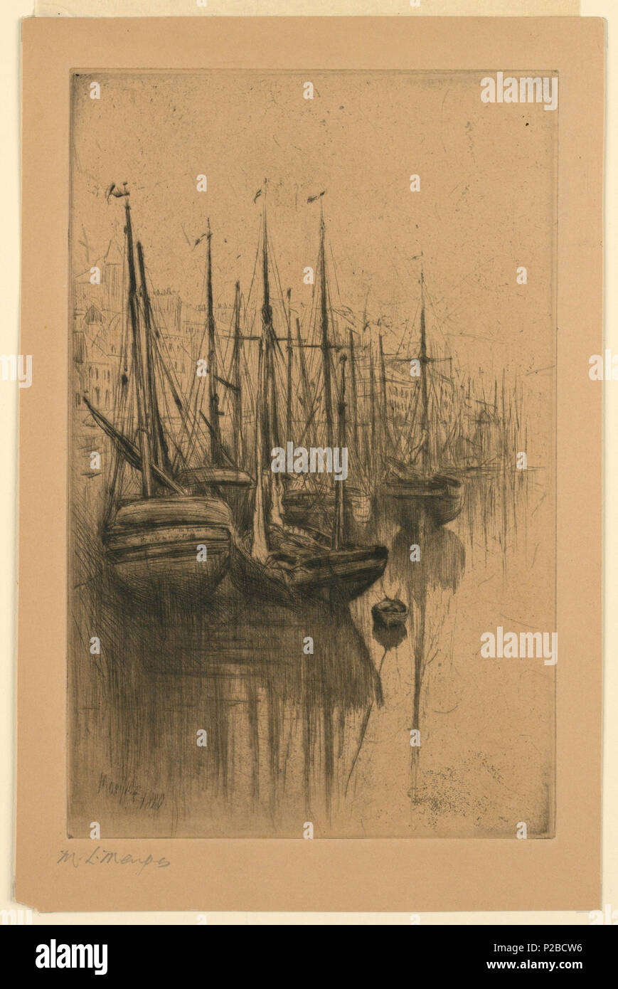 . Anglais : Imprimer, les ponts . Anglais : rectangle vertical. Une ligne de voiliers en eau calme. Au-delà, entre les mâts, la banque et les bâtiments d'une ville. . Avant 1896 (la date d'acquisition) 269 caractères, les ponts (CH) 18098999 Banque D'Images