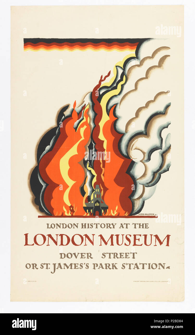 . Anglais : Poster, Histoire de Londres au London Museum, pour le métro de Londres, 1922 . Anglais : grand feu et de la fumée qui envahit une abstraction gris château. Ci-dessous, en gris et rouge : LONDRES L'HISTOIRE À L'/ Londres / DOVER STREET / OU ST. JAMES'S PARK STATION. . 1922232 Poster, Histoire de Londres au London Museum, pour le métro de Londres, 1922 (CH) 18447525 Banque D'Images