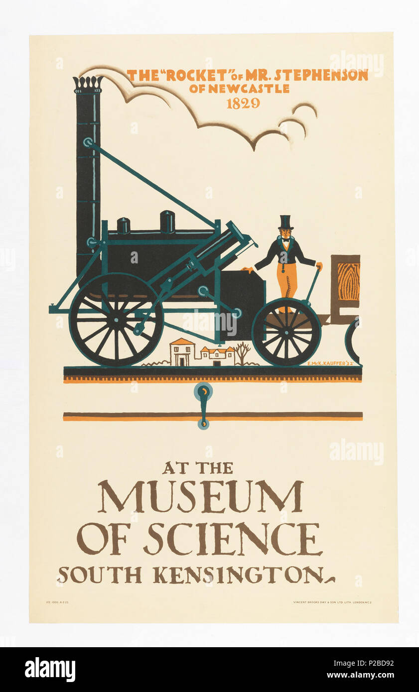. Anglais : Affiche, le 'Rocket'-musée des Sciences, 1922 . Anglais : Image d'un train noir moteur ; un homme avec top hat se tient sur elle ; les bâtiments en arrière-plan dans la distance. Au-dessus, à la lumière orange : la "fusée" de M. Stephenson / DE / Newcastle 1829 ; ci-dessous, en gris : AU MUSÉE DE LA SCIENCE / / / South Kensington. . 1922 232 affiche, l 'Rocket'-musée de la Science, 1922 (CH) 18447503 Banque D'Images