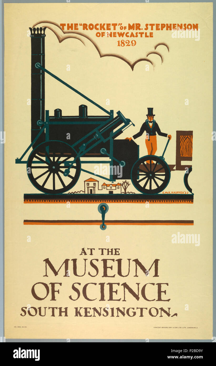 . Anglais : Affiche, le 'Rocket'-musée des Sciences, 1922 . Anglais : Image d'un train noir moteur ; un homme avec top hat se tient sur elle ; les bâtiments en arrière-plan dans la distance. Au-dessus, à la lumière orange : la "fusée" de M. Stephenson / DE / Newcastle 1829 ; ci-dessous, en gris : AU MUSÉE DE LA SCIENCE / / / South Kensington. . 1922 232 affiche, l 'Rocket'-musée de la Science, 1922 (CH) 18447503-2 Banque D'Images