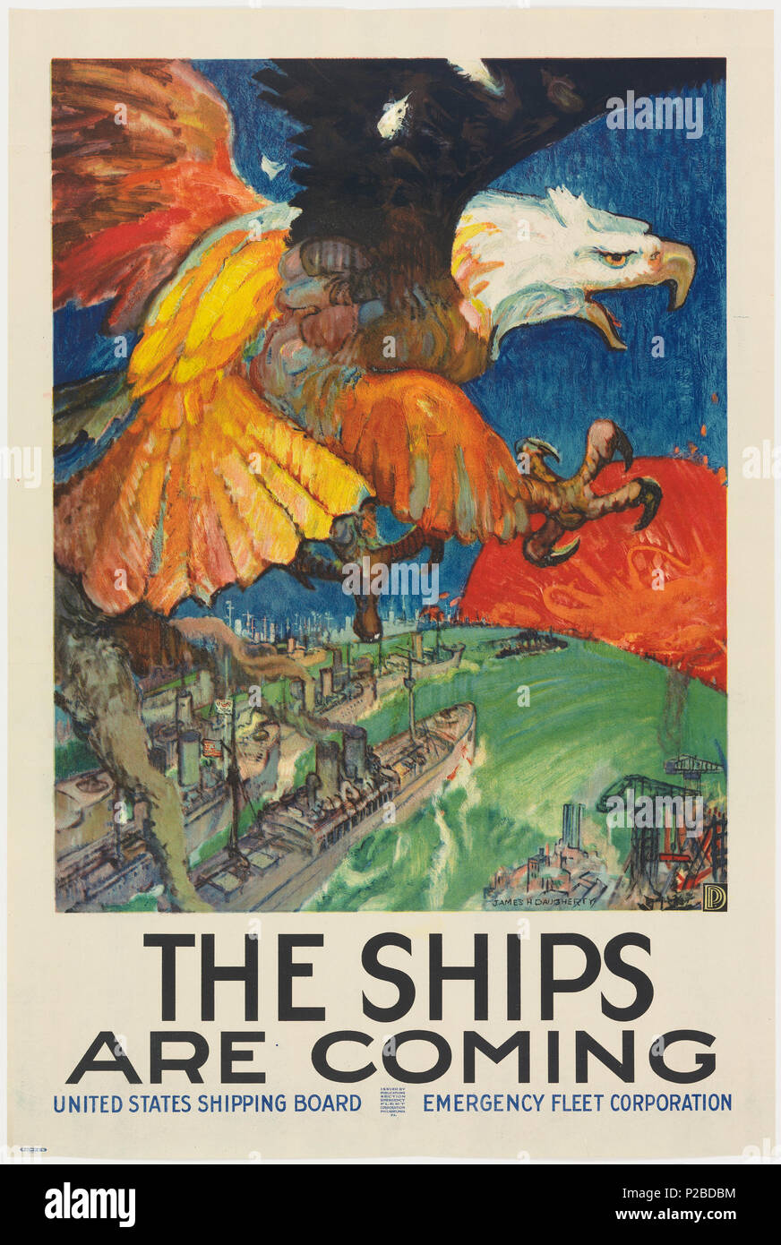 . Anglais : Affiche, les navires sont à venir, 1917 . Anglais : Un aigle prend une grande partie de la moitié supérieure de l'affiche. L'aigle est mi vol mais semble être la réaction à quelque chose parce que ses griffes sont dans une position défensive. L'aigle vole sur une cour d'expédition, avec une ville de l'arrière-plan. Un soleil rouge apparaît à l'horizon. Le texte en bas : LES NAVIRES / United States Shipping Board flotte d'urgence Corporation . . 1917, l'affiche de 232 navires, 1917 (CH) 18612743 Banque D'Images