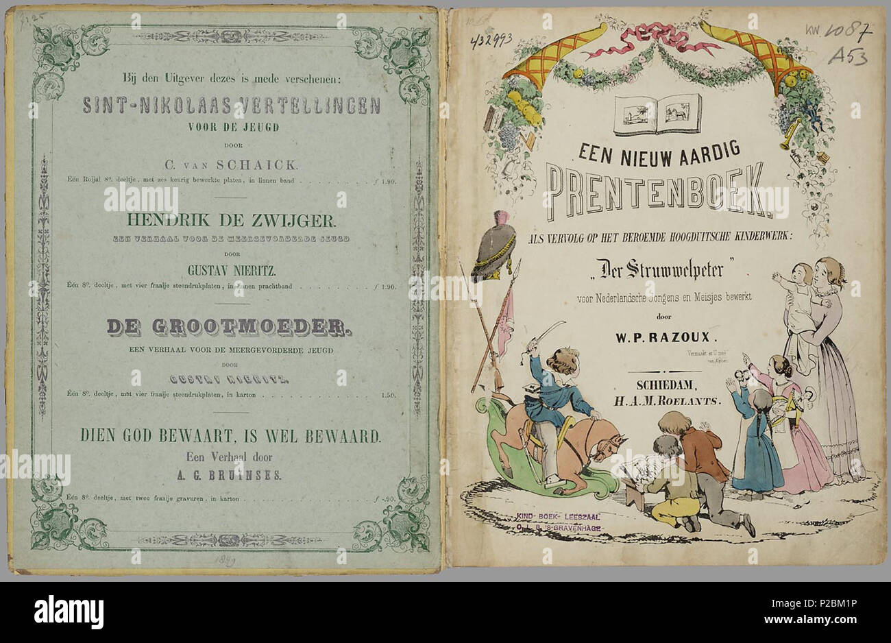 . Een nieuw aardig prentenboek : als vervolg op het beroemde kinderwerk 'Der Struwwelpeter' / voor Nederlandsche jongens en meisjes bewerkt W.P. porte Razoux. 20 bl : handgekl. lith // De keerzijde der bladen est onbedrukt // Datering in verdere gegevens : Theo Gielen dans 'Tot volle waschdom', p. 151-164 // Brinkman vermeldt (op een herdruk Razoux) en 1851, dans le panier. F : 1,25 // Bevat : De Geschiedenis van den muurbekladder ijsselijke ; De Geschiedenis van den smasher ; De Geschiedenis van den snoeper ; De Geschiedenis van Hans-Kijk-dans-de-lucht ; De Geschiedenis van den vliegenden ; Robert De gesch Banque D'Images