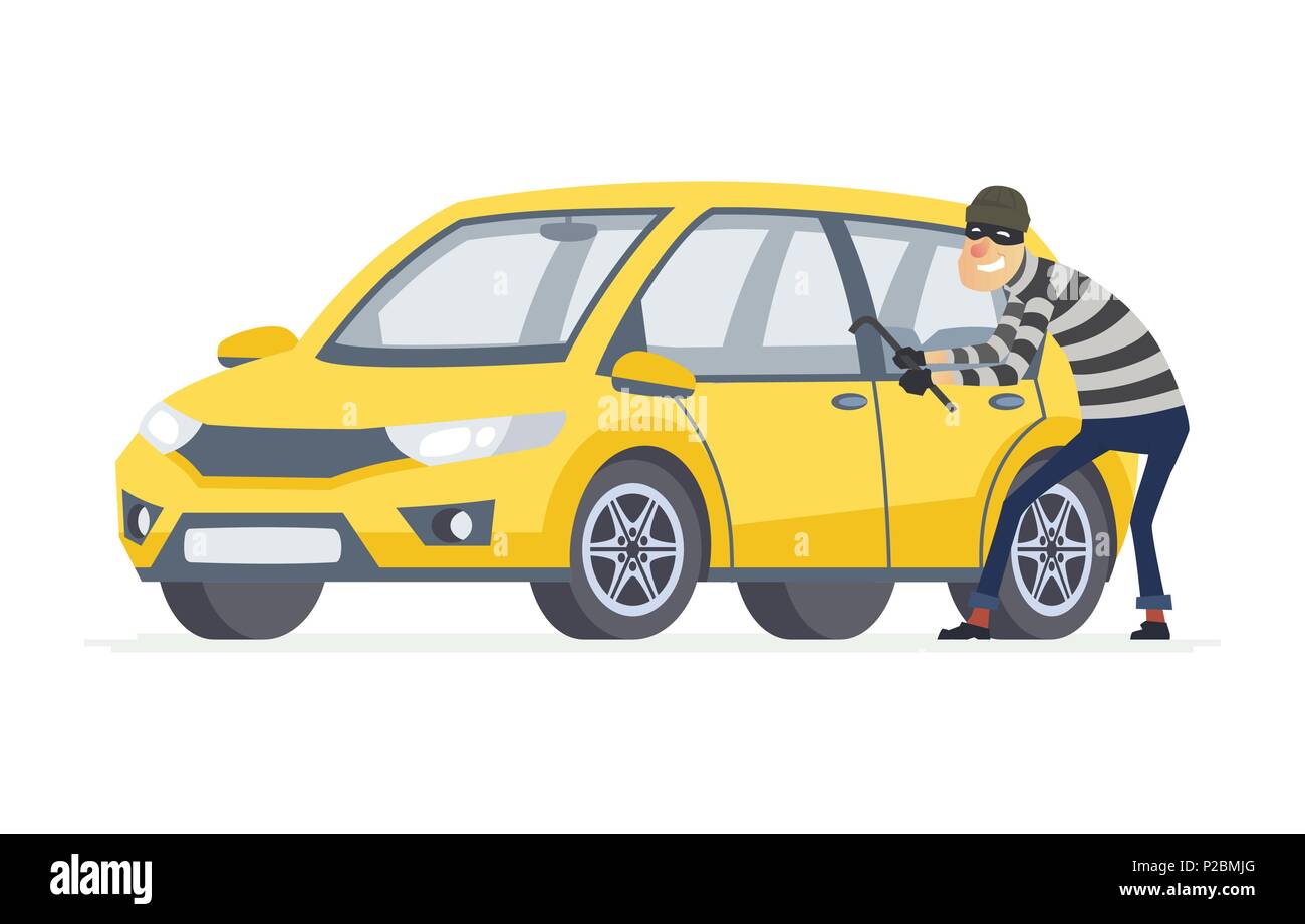 Voleur de voiture - cartoon caractères personnes illustration isolé sur fond blanc. Composition de haute qualité avec un criminel, voleur par effraction dans une yel Illustration de Vecteur